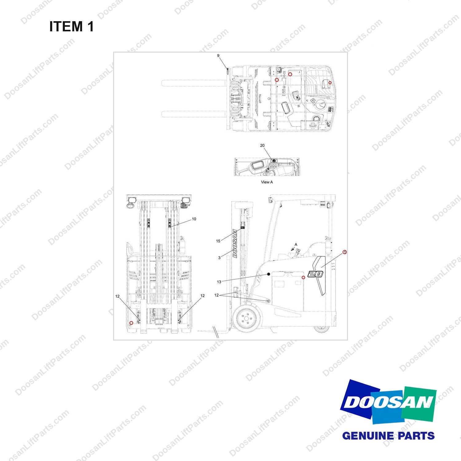 950205-07930 CHART,LOCATION;STAND UP RIDER - full parts diagram, item 1 marked - genuine Doosan / Bobcat forklift part