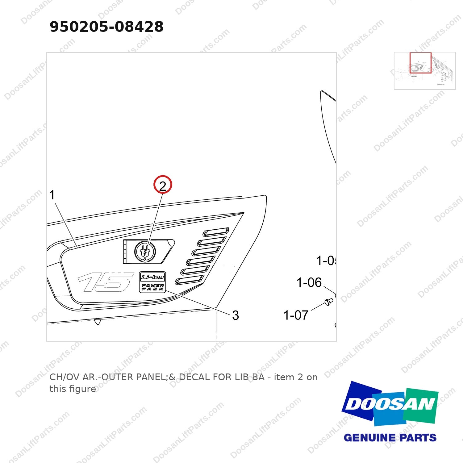 950205-08428 CH/OV AR.-OUTER PANEL;& DECAL FOR LIB BA - parts diagram, item 2 shown - genuine Doosan / Bobcat forklift part