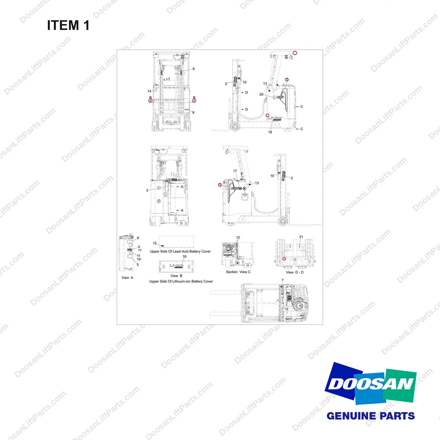 950205-10889 LOCATION CHART,BR13/25S9,BOBCAT - full parts diagram, item 1 marked - genuine Doosan / Bobcat forklift part