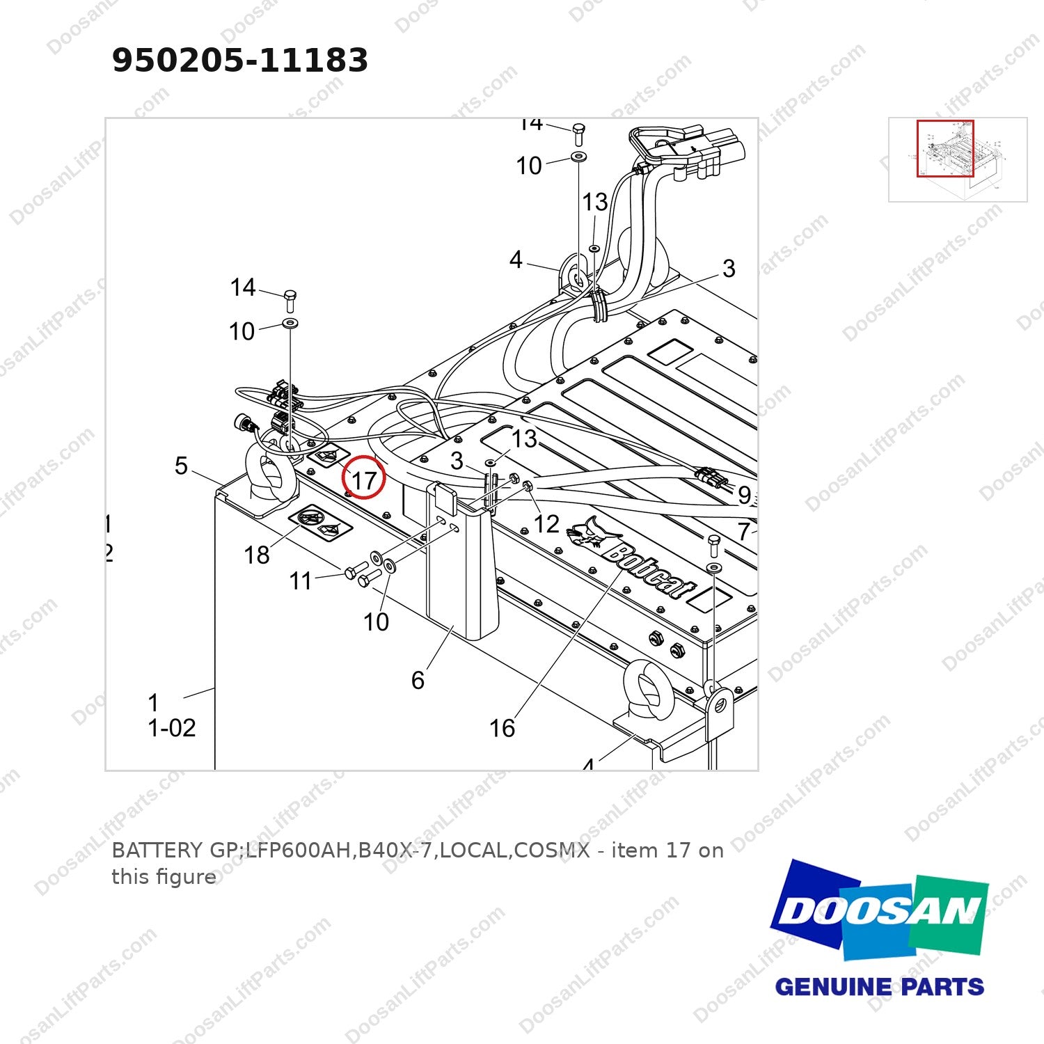 950205-11183 BATTERY GP;LFP600AH,B40X-7,LOCAL,COSMX - parts diagram, item 17 shown - genuine Doosan / Bobcat forklift part