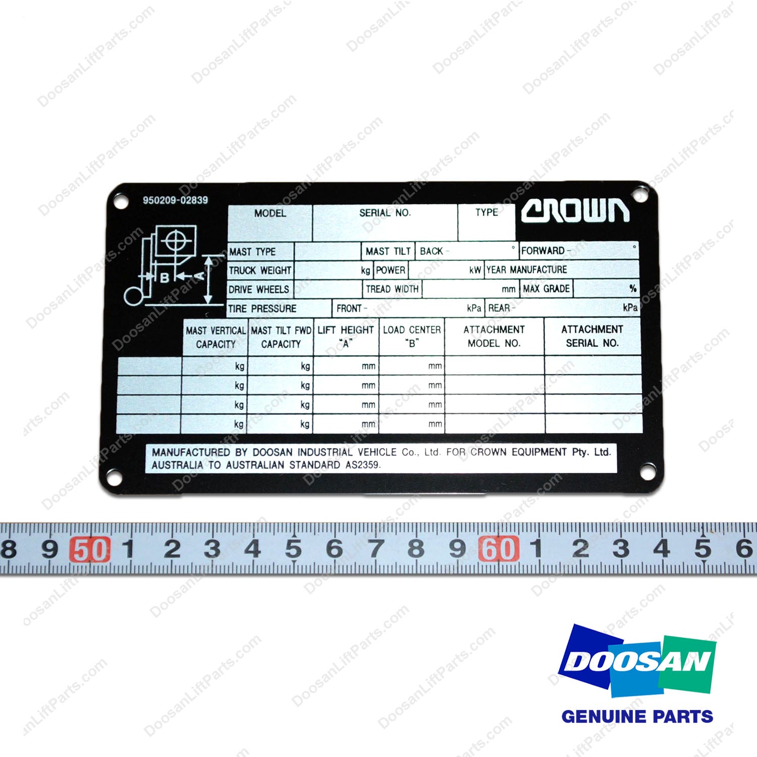 Plate,Name,Identification;crown - Doosan Forklift Part 950209-02839