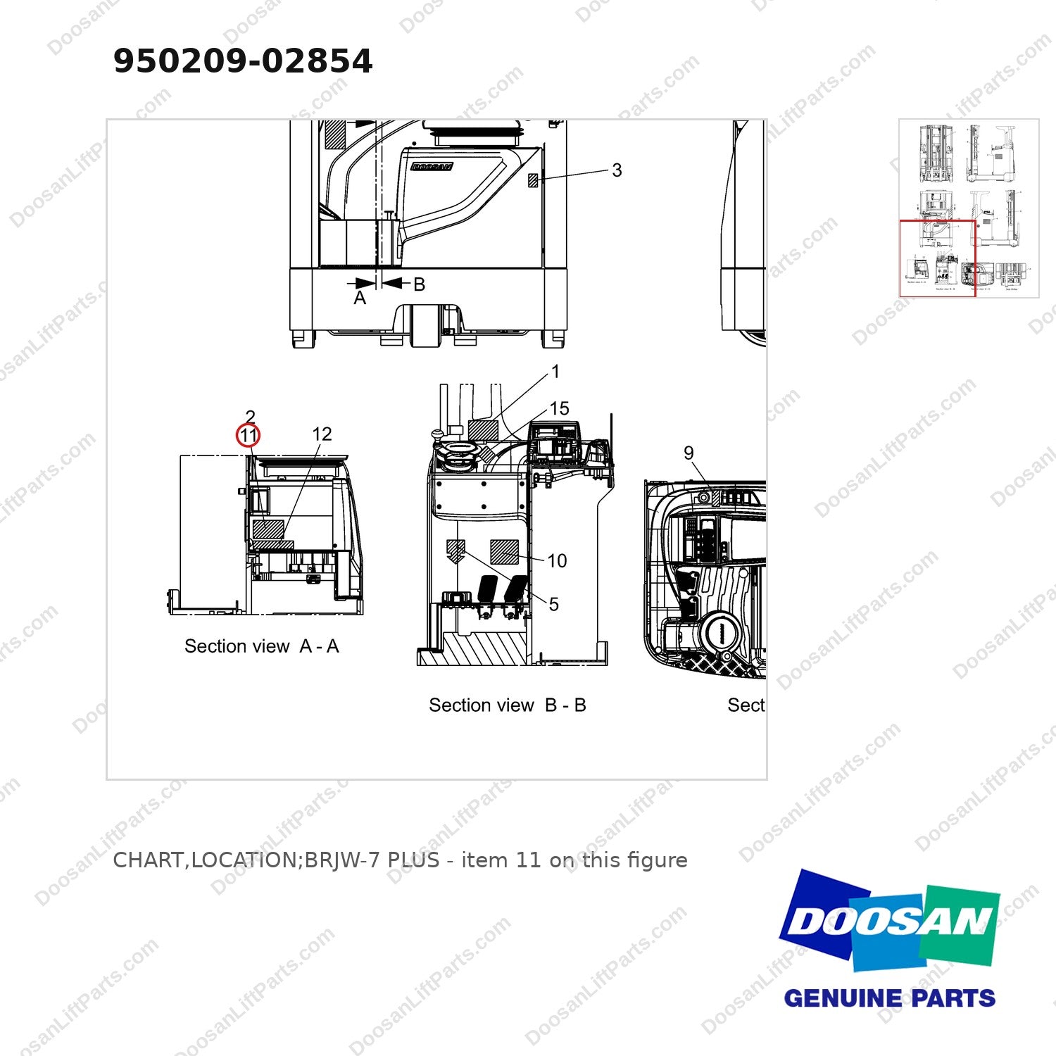 950209-02854 CHART,LOCATION;BRJW-7 PLUS - parts diagram, item 11 shown - genuine Doosan / Bobcat forklift part