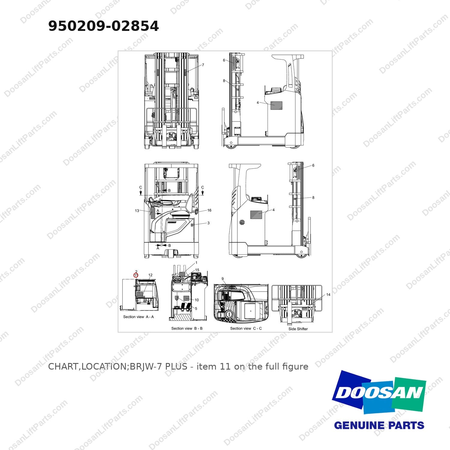 950209-02854 CHART,LOCATION;BRJW-7 PLUS - full parts diagram, item 11 marked - genuine Doosan / Bobcat forklift part