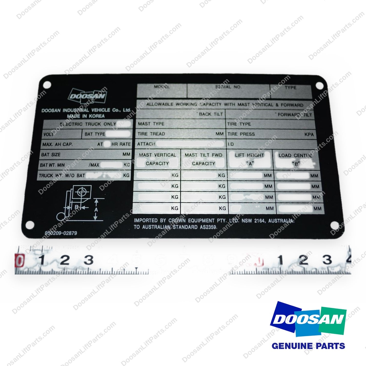 950209-02879 (replaces A159164) - Crown E Id.-english (Austrlia) Name Plate - OEM Doosan Daewoo Bobcat
