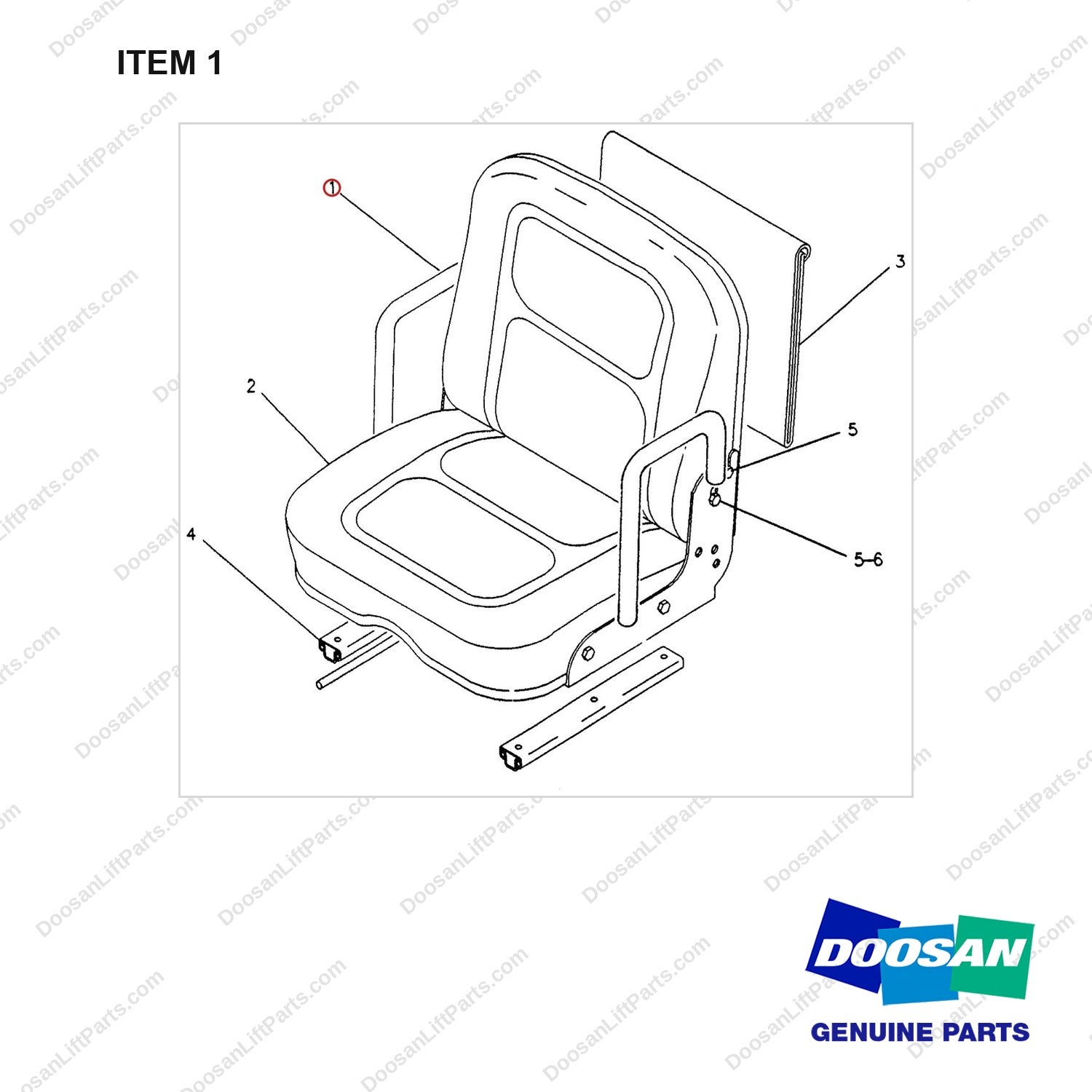 970836 SEAT AS - full parts diagram, item 1 marked - genuine Doosan / Bobcat forklift part
