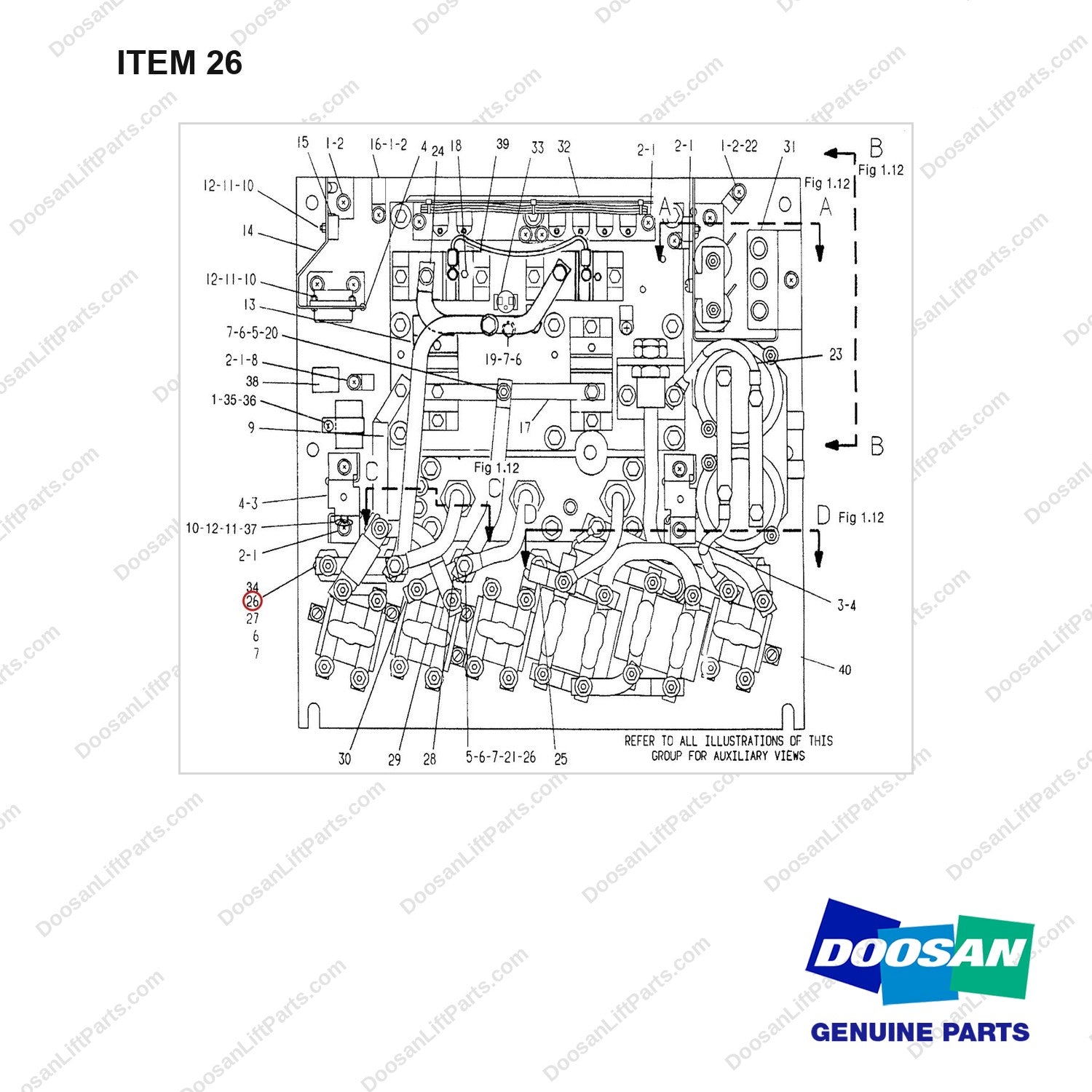 986147 PANEL AS-CONTROL(72/80 VOLT)-(1/3) - full parts diagram, item 26 marked - genuine Doosan / Bobcat forklift part