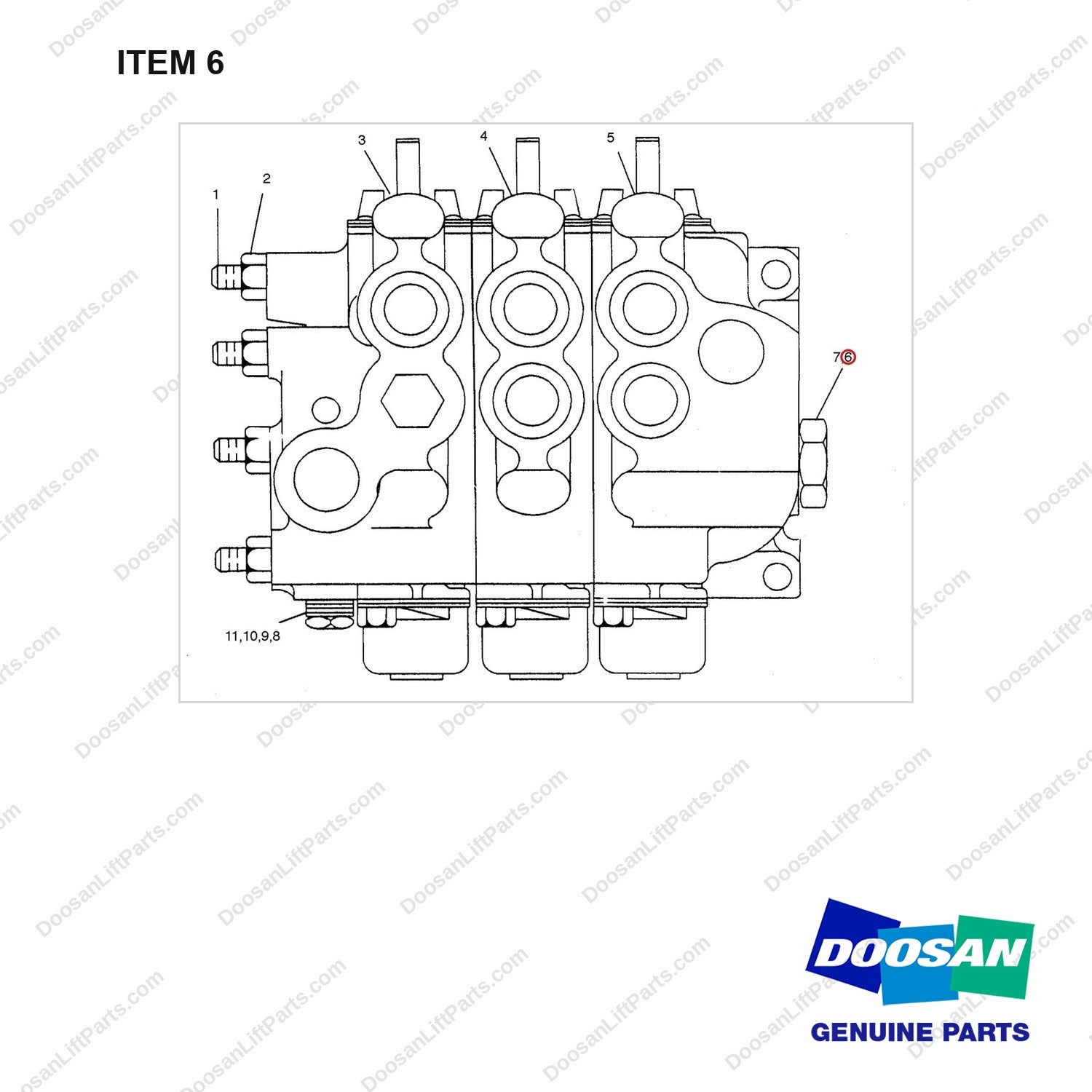 9S4181 VALVE GP-CONTROL(3 SPOOL) - full parts diagram, item 6 marked - genuine Doosan / Bobcat forklift part