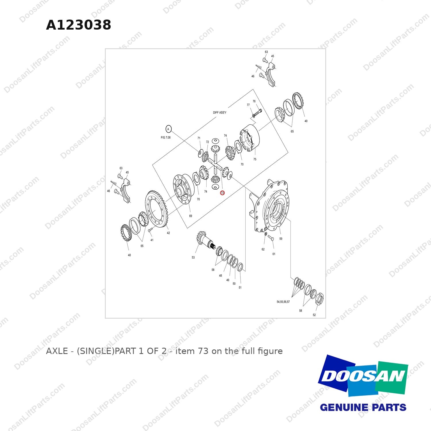 A123038 AXLE - (SINGLE)PART 1 OF 2 - full parts diagram, item 73 marked - genuine Doosan / Bobcat forklift part