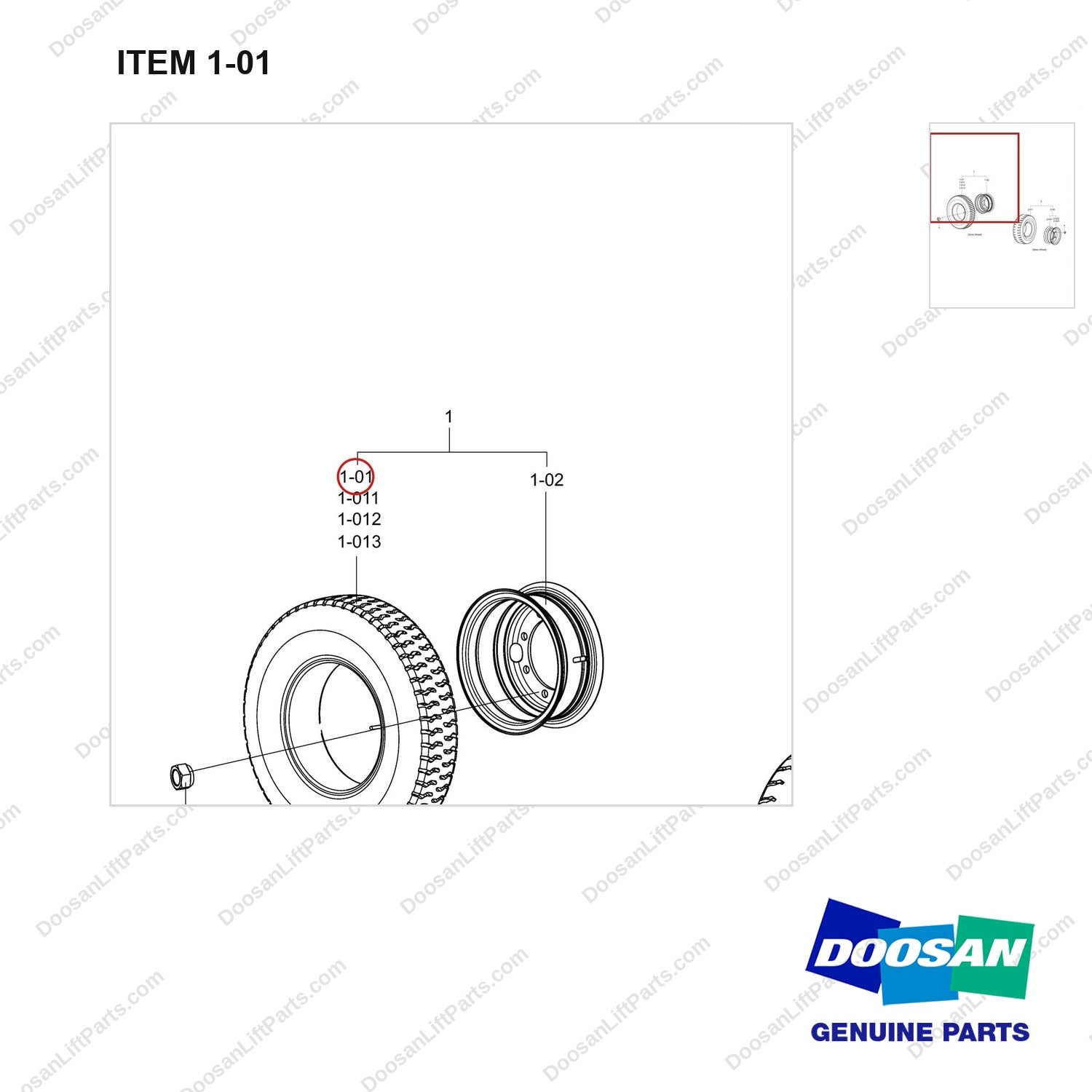 A123572 TIRE & WHEEL GP;RR-SOLID,SINGLE,ODB,UHP - parts diagram, item 1-01 shown - genuine Doosan / Bobcat forklift part