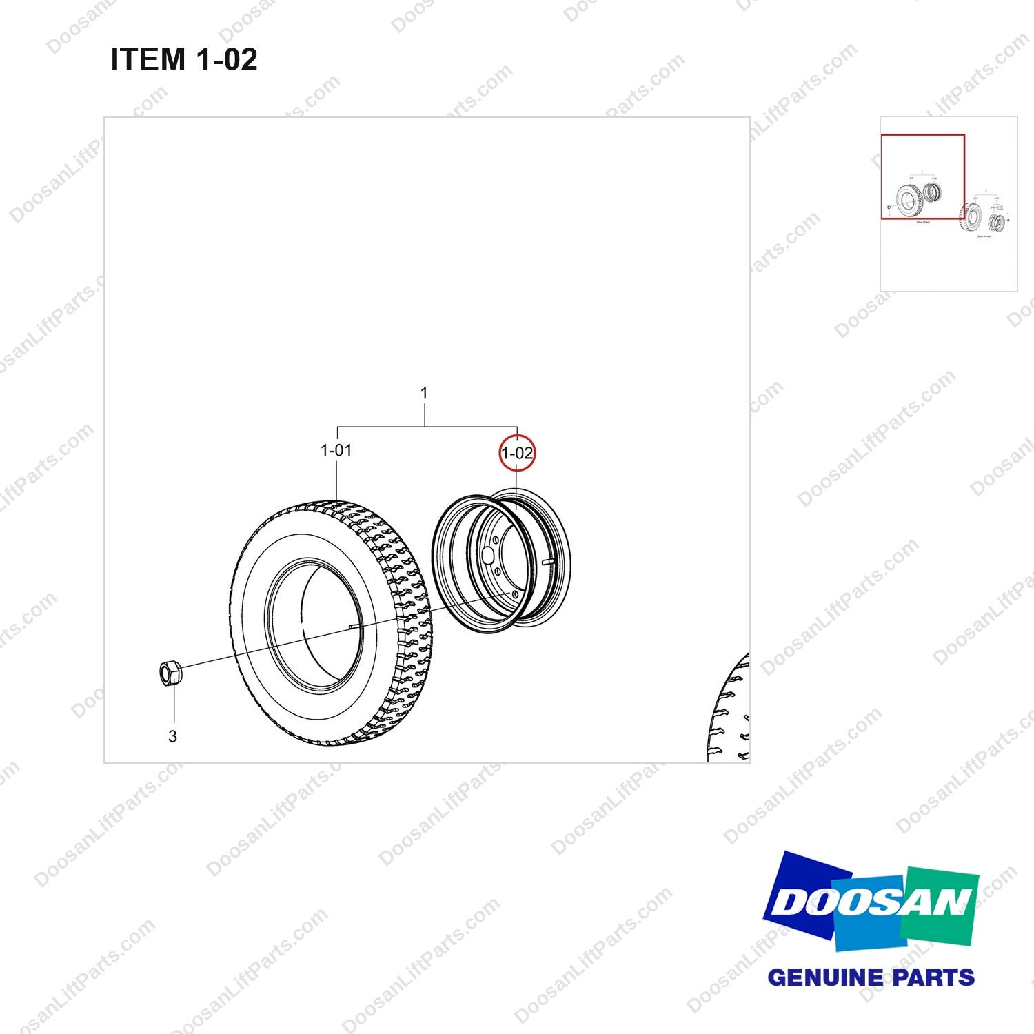 A123708 TIRE & WHEEL GP;SOLID,SINGLE,SHOE,UHP - parts diagram, item 1-02 shown - genuine Doosan / Bobcat forklift part