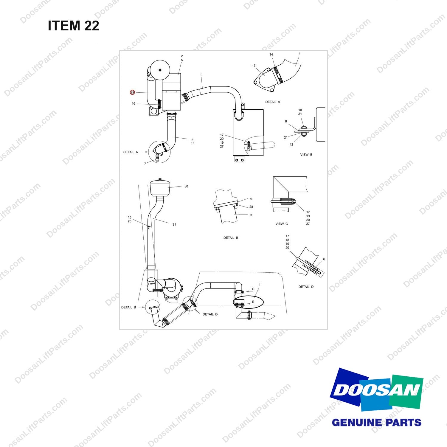 A132702 INTAKE & EXHAUST GP - full parts diagram, item 22 marked - genuine Doosan / Bobcat forklift part