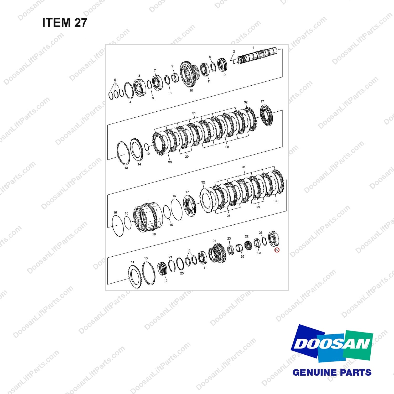A133352 TRANSMISSION - 3 OF 12 - full parts diagram, item 27 marked - genuine Doosan / Bobcat forklift part