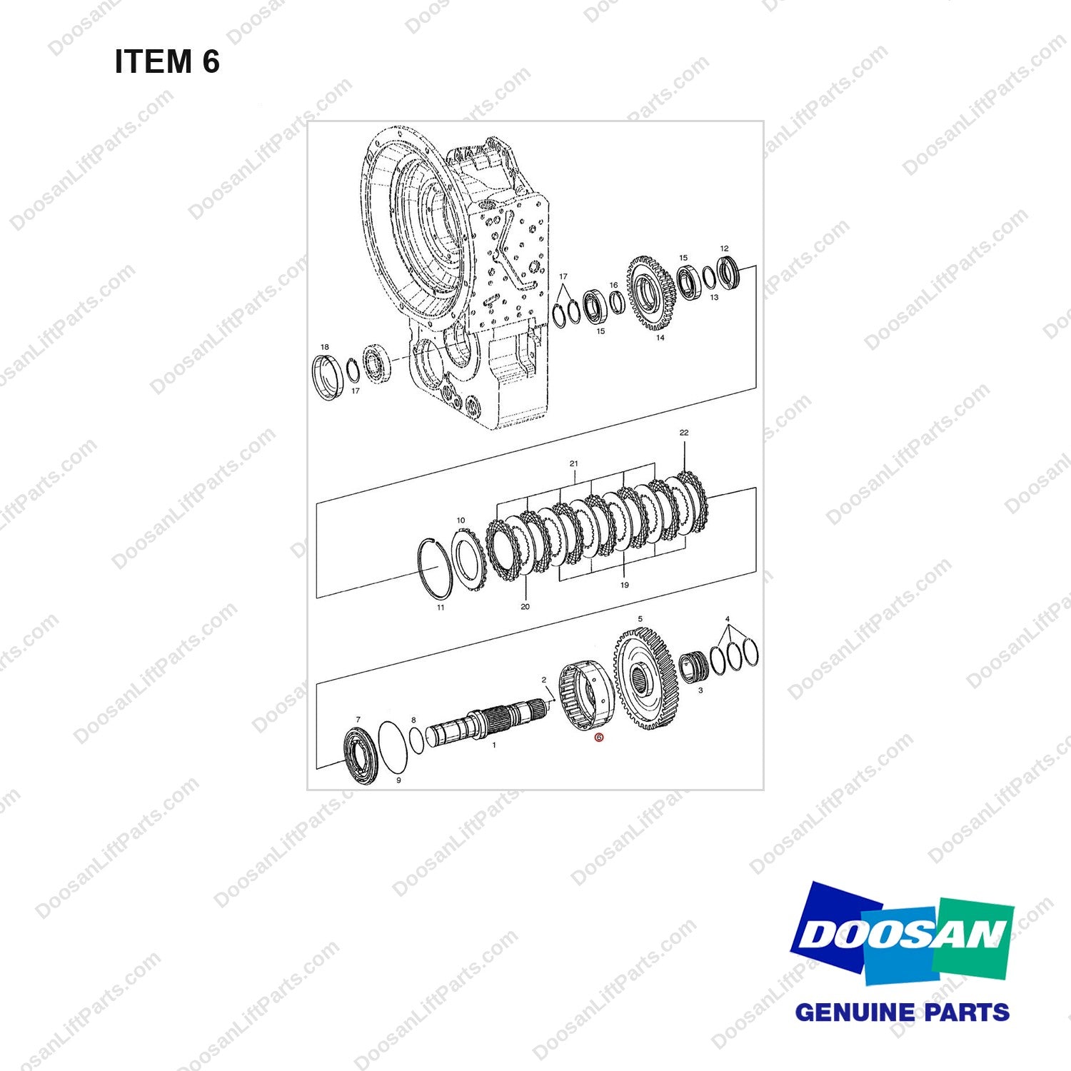 A133390 TRANSMISSION - 5 OF 12 - full parts diagram, item 6 marked - genuine Doosan / Bobcat forklift part