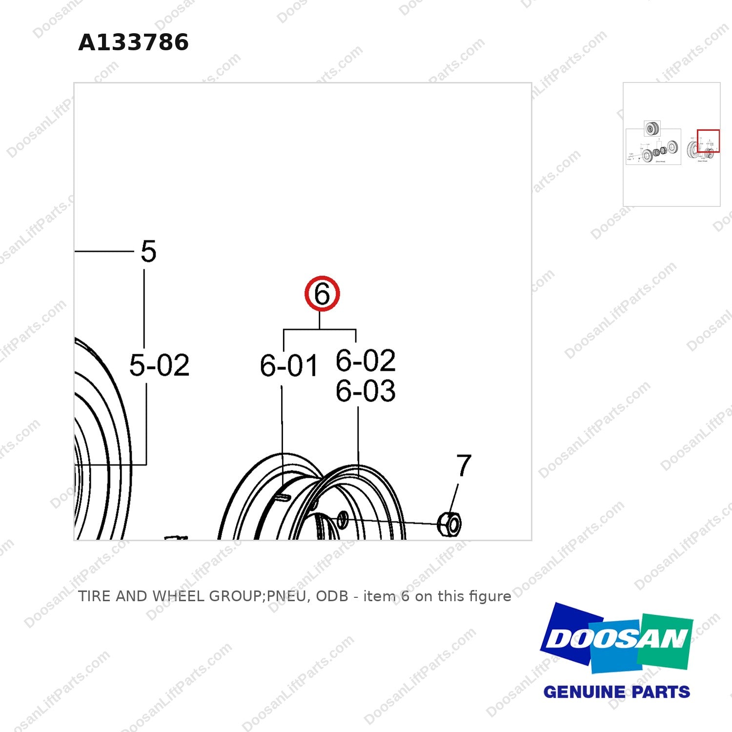 A133786 TIRE AND WHEEL GROUP;PNEU, ODB - parts diagram, item 6 shown - genuine Doosan / Bobcat forklift part