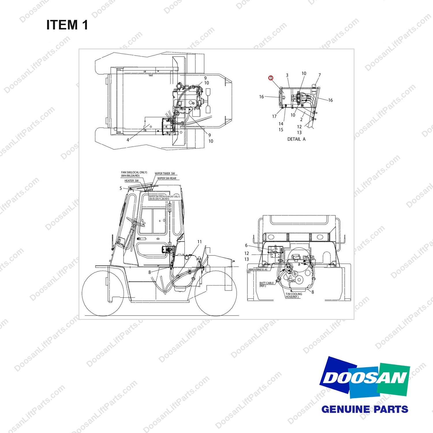A134115 CHANGEOVER ARR.-HEATER.(DELUXE) - full parts diagram, item 1 marked - genuine Doosan / Bobcat forklift part