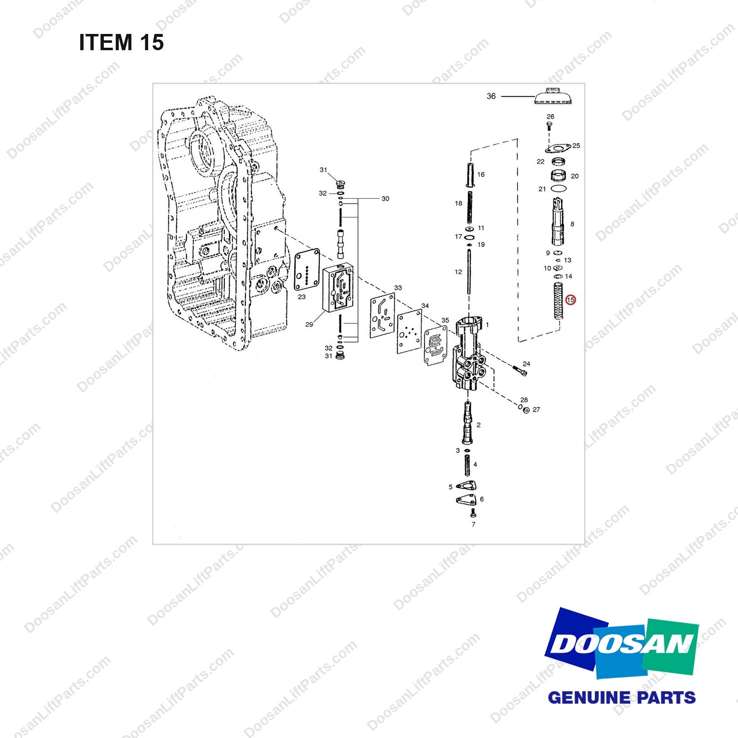 A135393 TRANSMISSION - 9 OF 12 - full parts diagram, item 15 marked - genuine Doosan / Bobcat forklift part