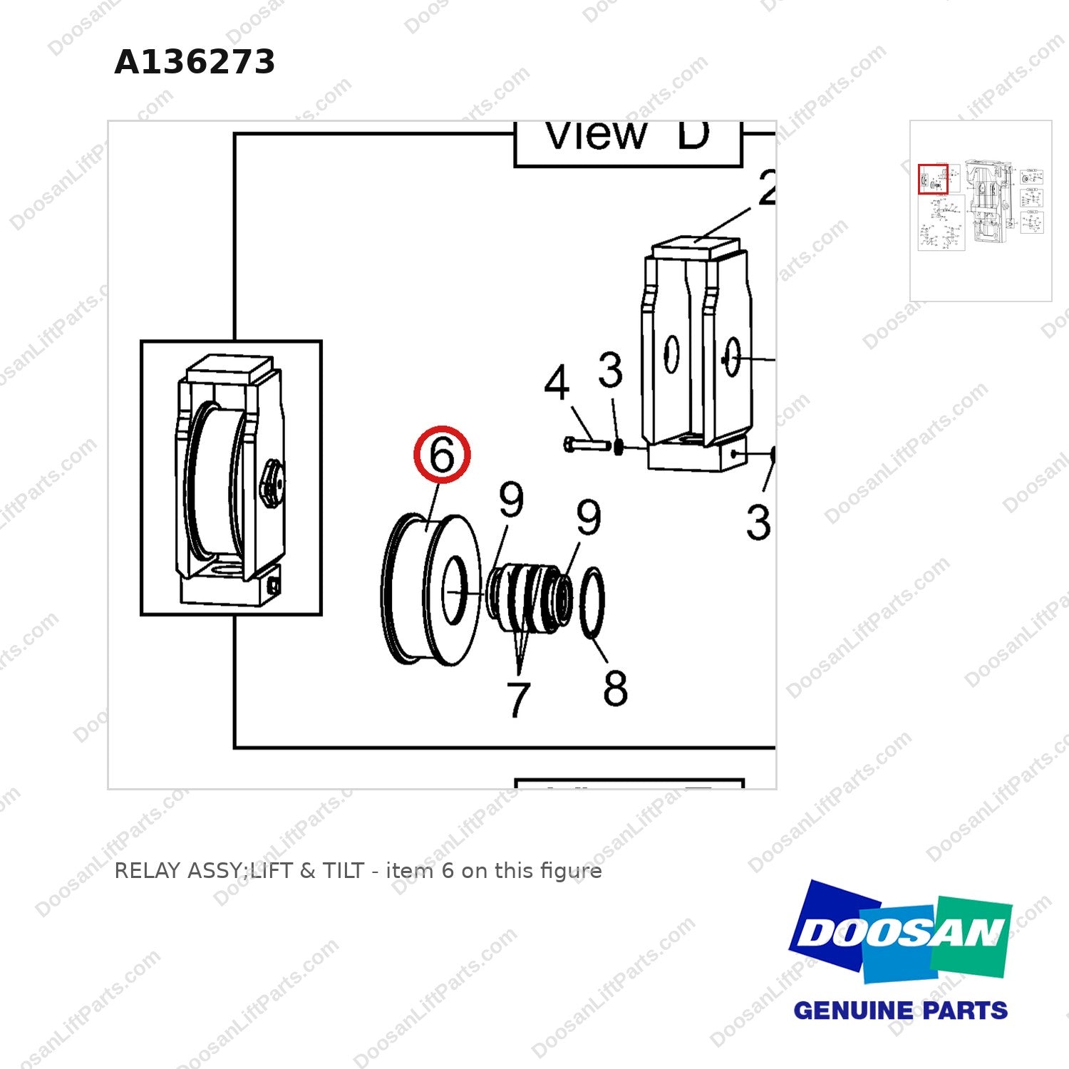 A136273 RELAY ASSY;LIFT & TILT - parts diagram, item 6 shown - genuine Doosan / Bobcat forklift part