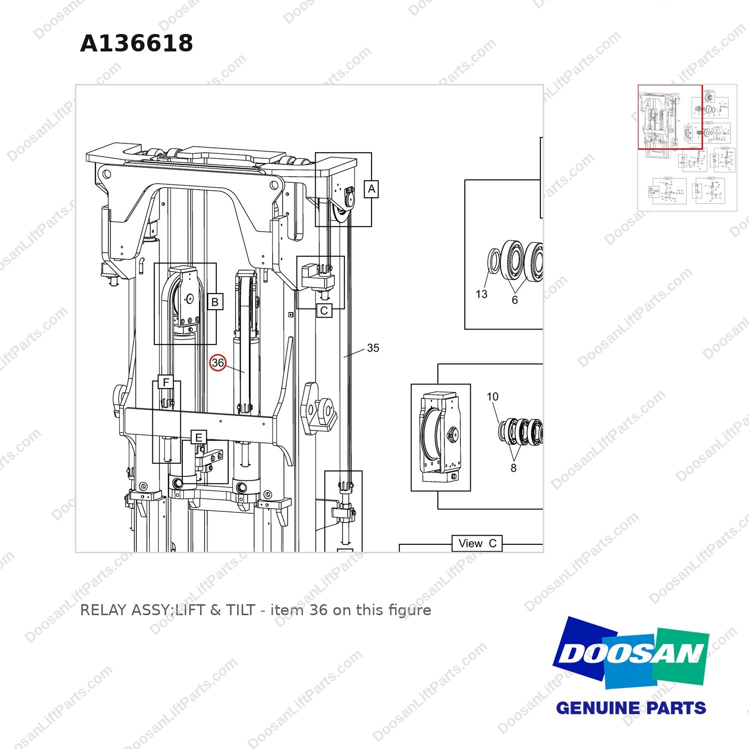 A136618 RELAY ASSY;LIFT & TILT - parts diagram, item 36 shown - genuine Doosan / Bobcat forklift part