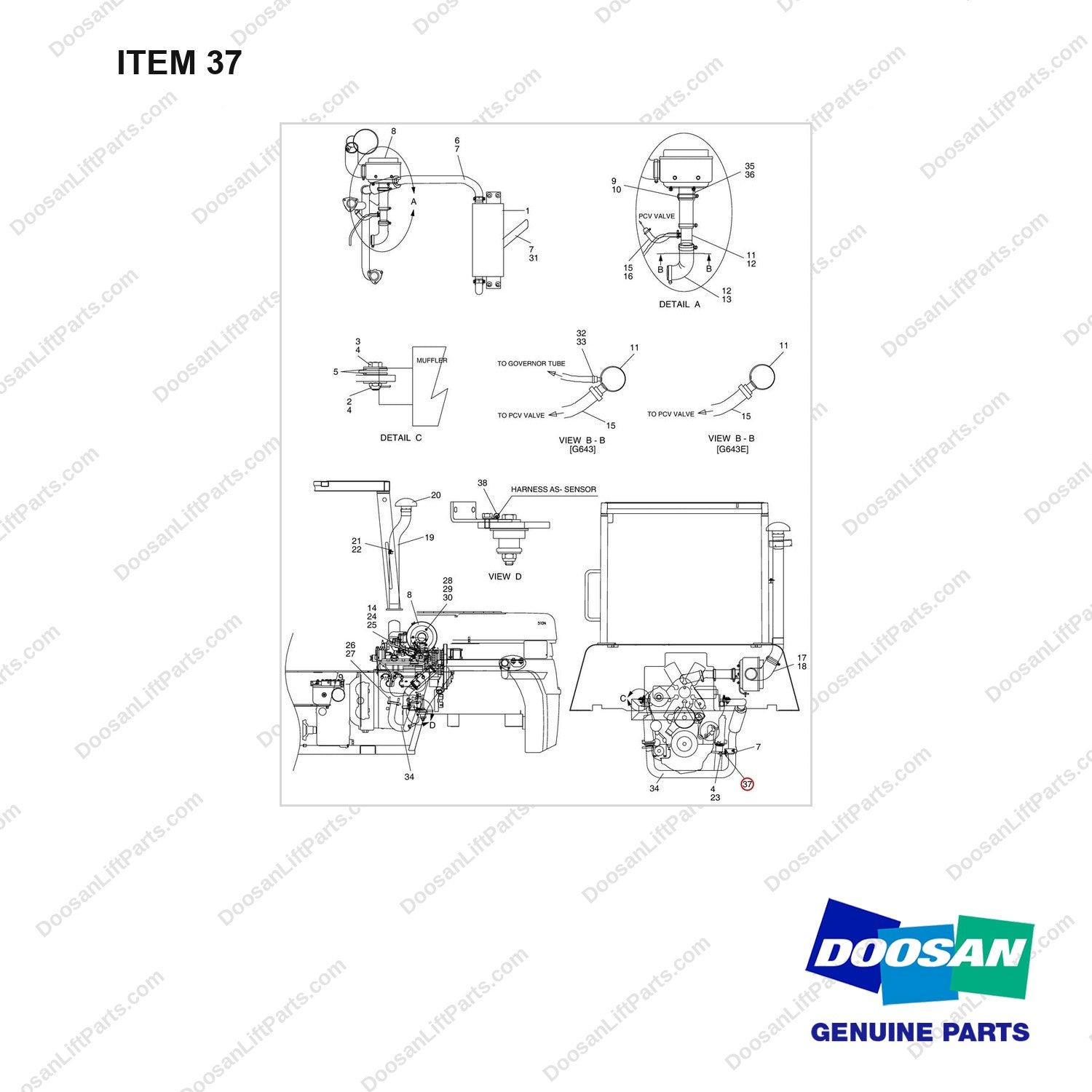 A138416 INTAKE & EXHAUST - (G643) - full parts diagram, item 37 marked - genuine Doosan / Bobcat forklift part