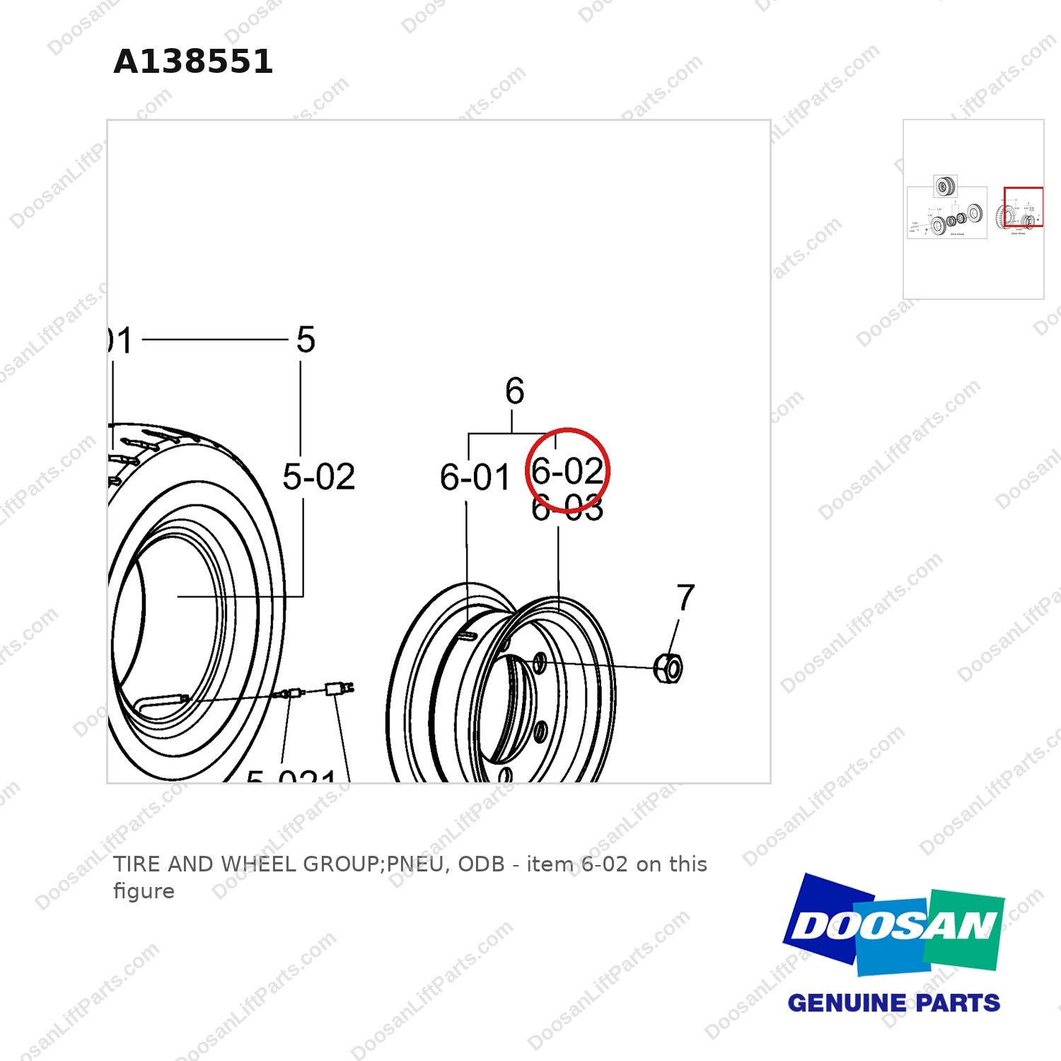 A138551 TIRE AND WHEEL GROUP;PNEU, ODB - parts diagram, item 6-02 shown - genuine Doosan / Bobcat forklift part