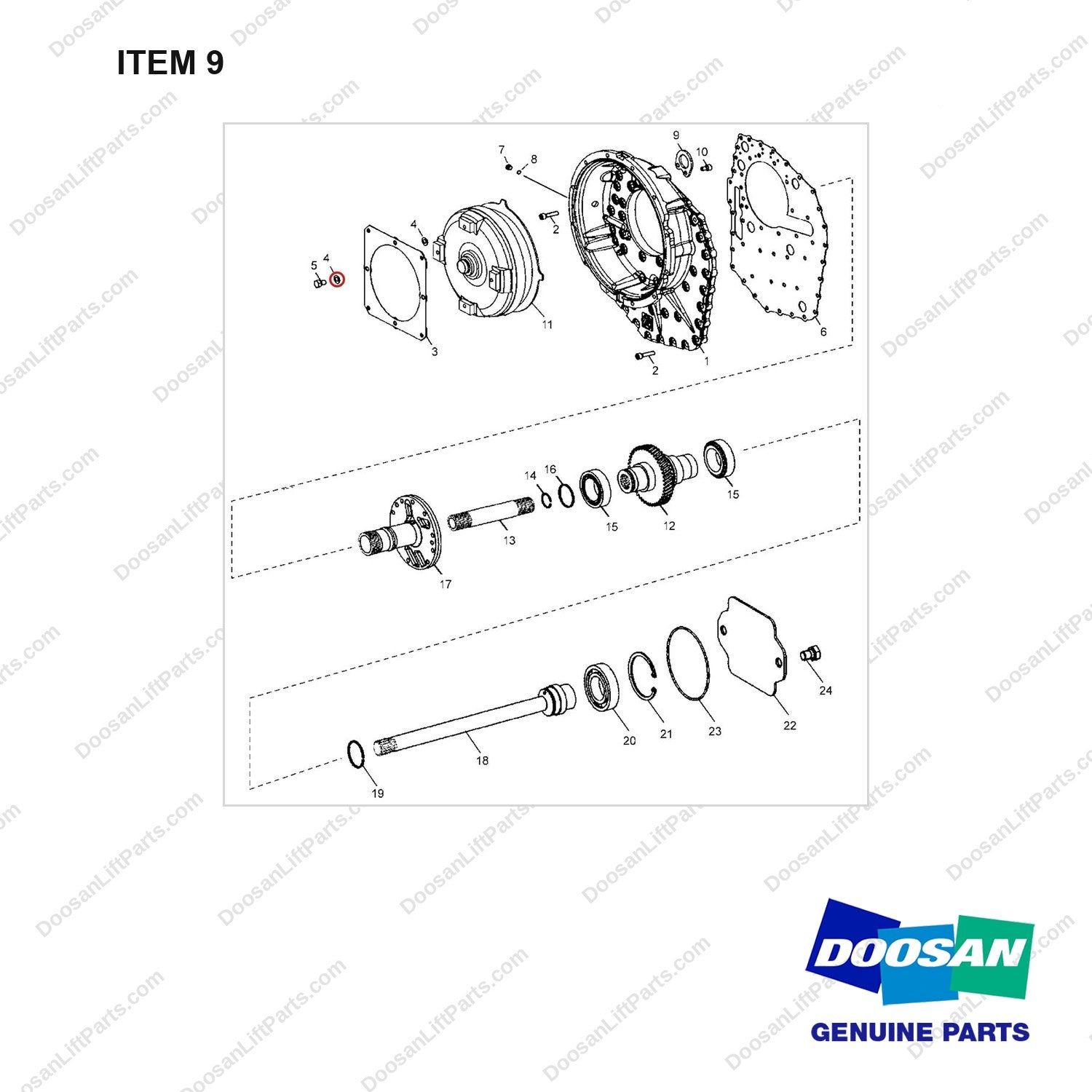 A138608 TRANSMISSION;ZF3WG161(11/13TON) - full parts diagram, item 9 marked - genuine Doosan / Bobcat forklift part