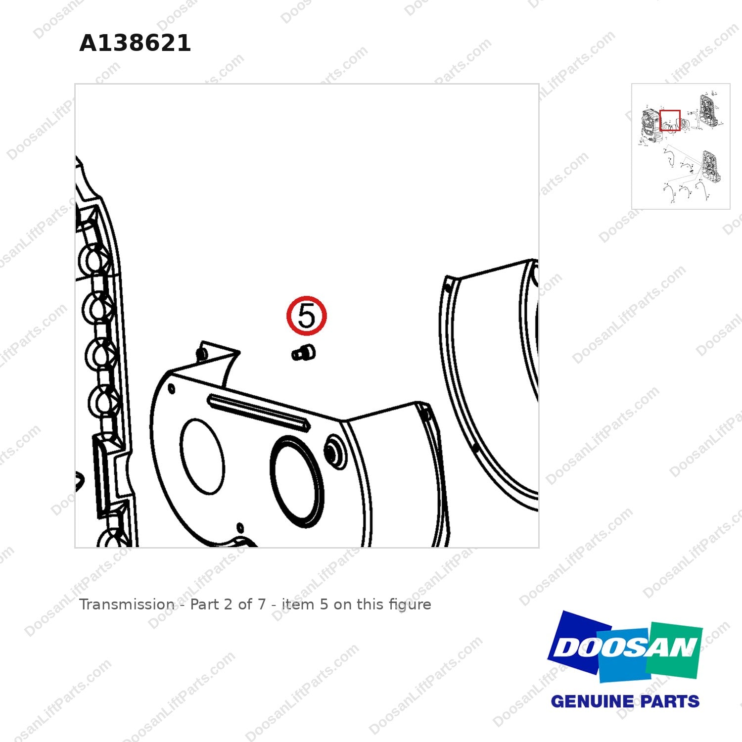 A138621 Transmission - Part 2 of 7 - parts diagram, item 5 shown - genuine Doosan / Bobcat forklift part