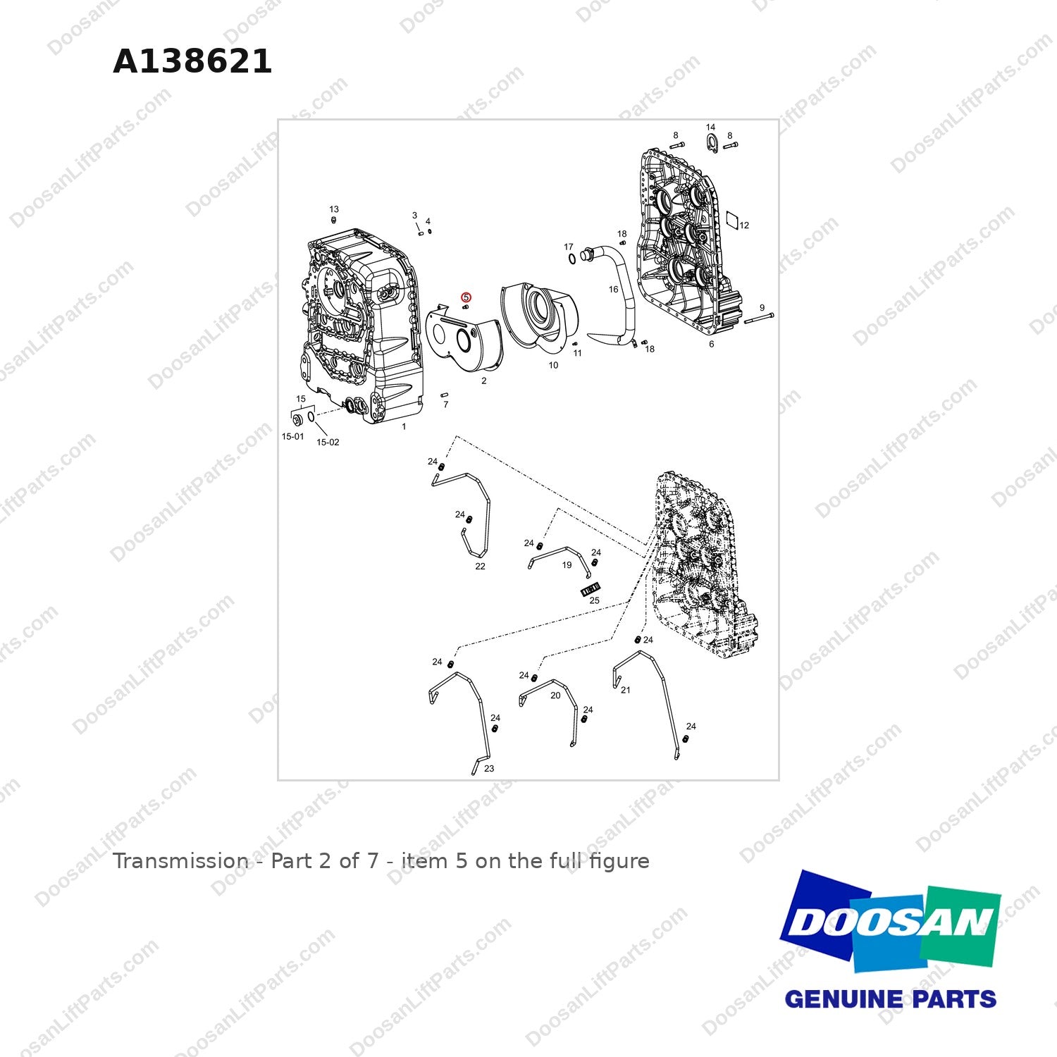 A138621 Transmission - Part 2 of 7 - full parts diagram, item 5 marked - genuine Doosan / Bobcat forklift part