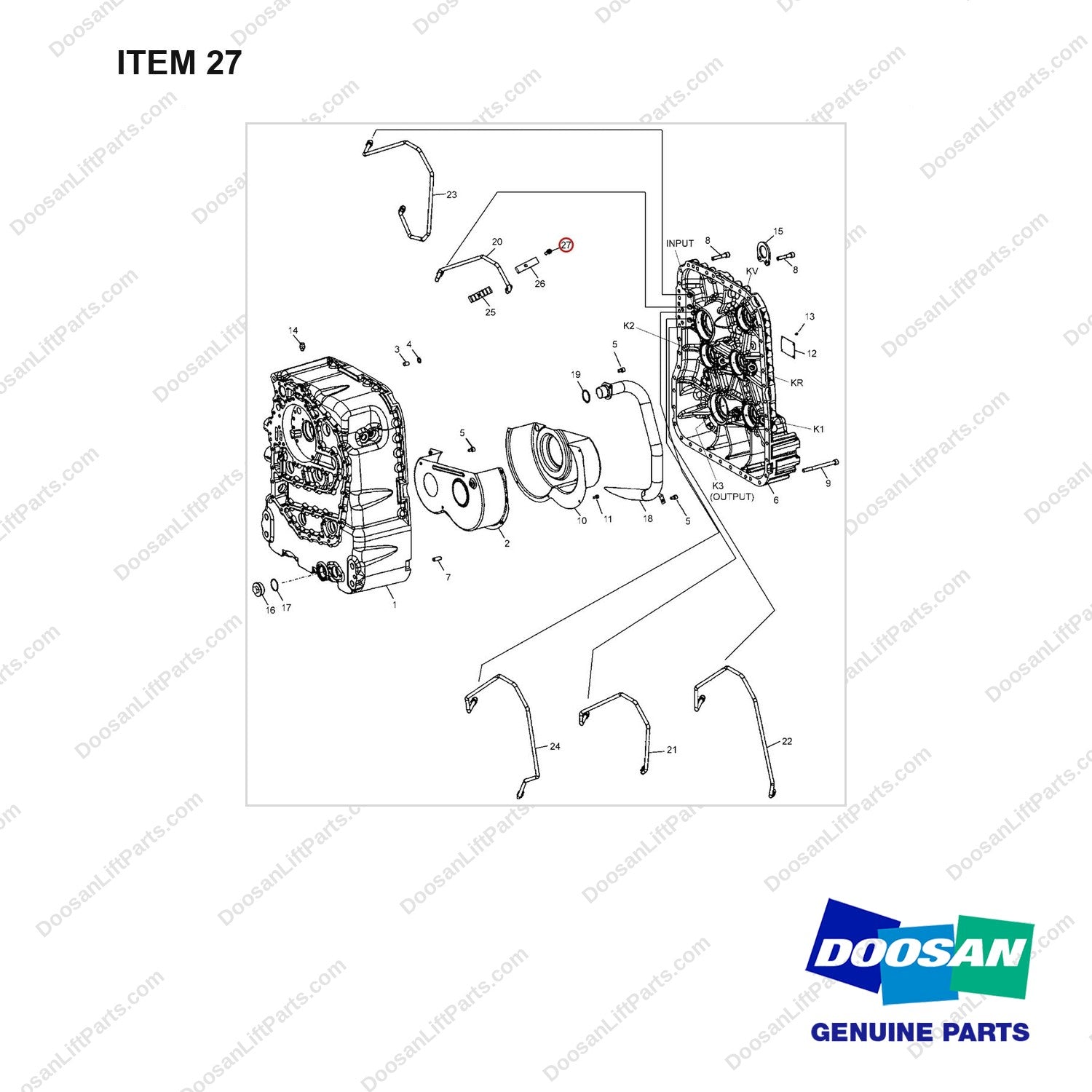 A138642 TRANSMISSION - (2 OF 8) - full parts diagram, item 27 marked - genuine Doosan / Bobcat forklift part