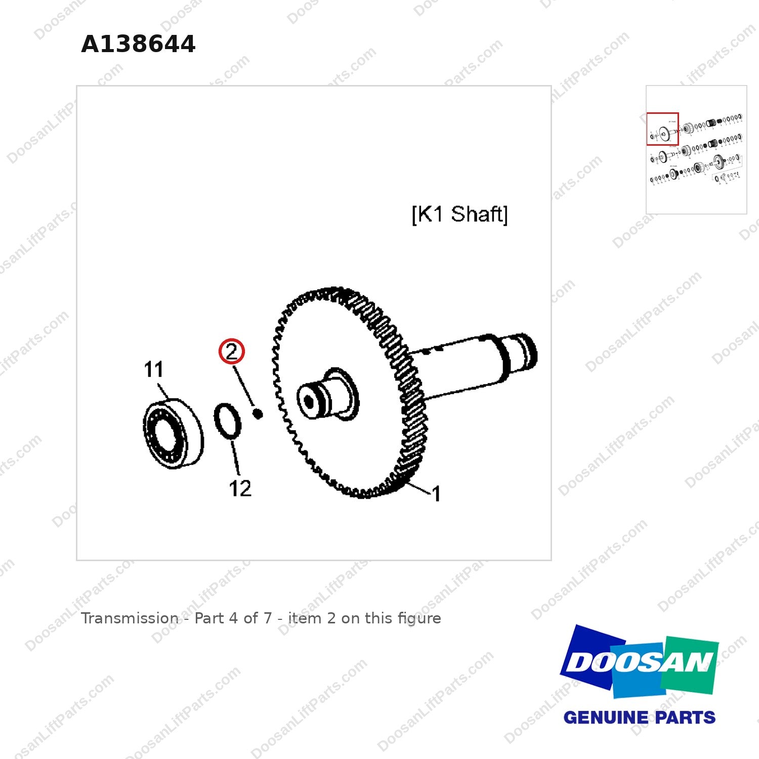 A138644 Transmission - Part 4 of 7 - parts diagram, item 2 shown - genuine Doosan / Bobcat forklift part