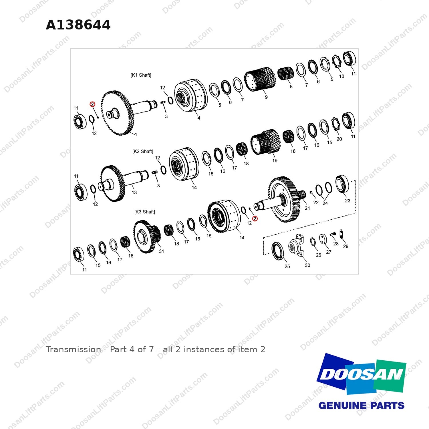 A138644 Transmission - Part 4 of 7 - full parts diagram, item 2 marked - genuine Doosan / Bobcat forklift part