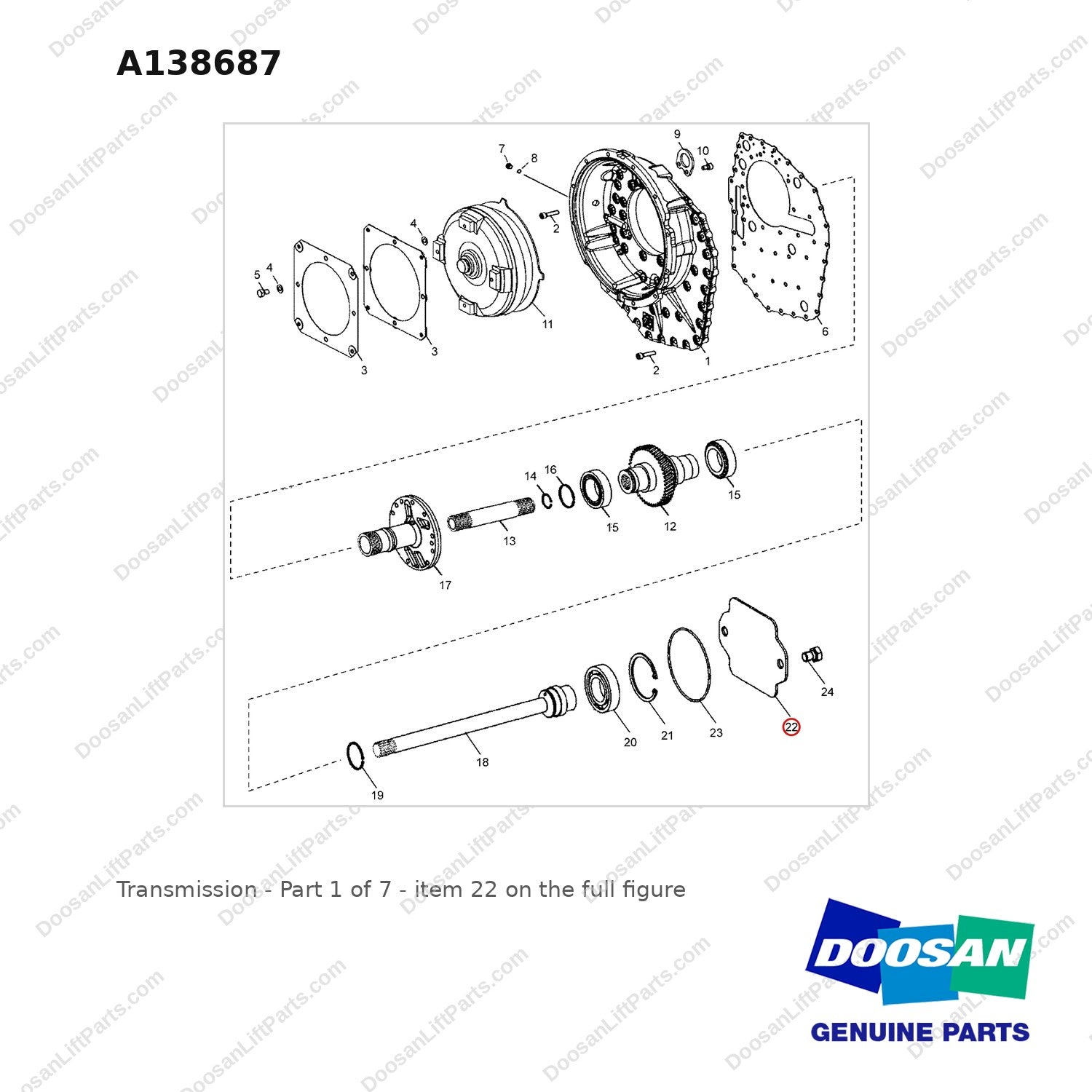 A138687 Transmission - Part 1 of 7 - full parts diagram, item 22 marked - genuine Doosan / Bobcat forklift part