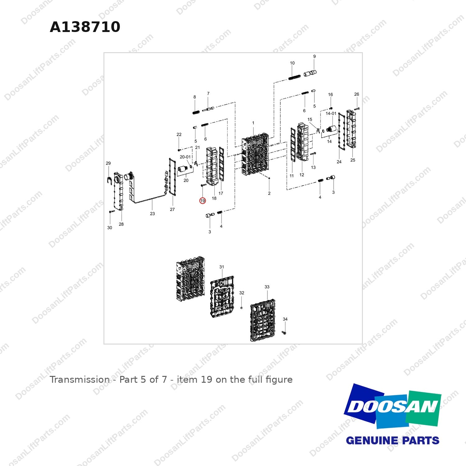 A138710 Transmission - Part 5 of 7 - full parts diagram, item 19 marked - genuine Doosan / Bobcat forklift part