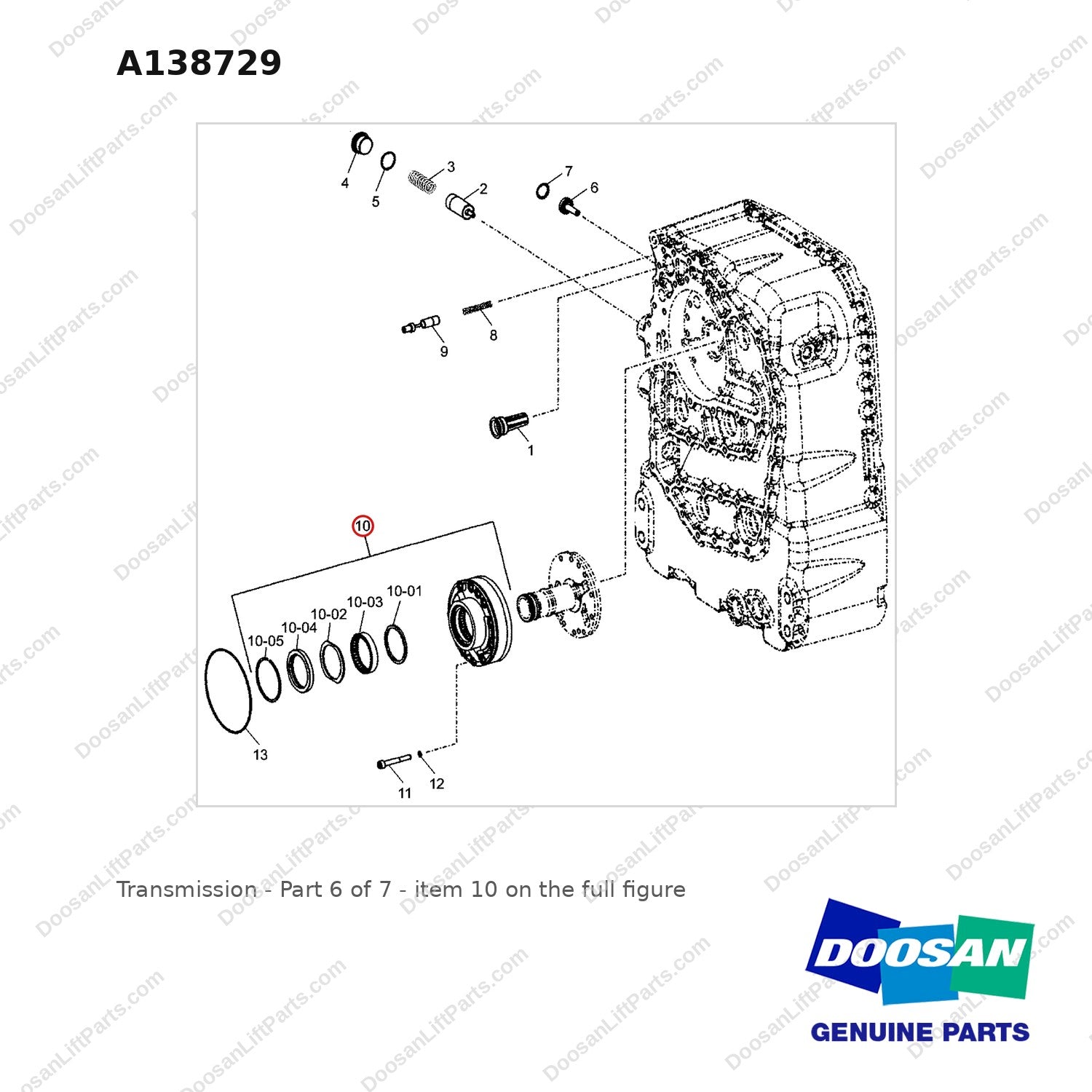 A138729 Transmission - Part 6 of 7 - full parts diagram, item 10 marked - genuine Doosan / Bobcat forklift part