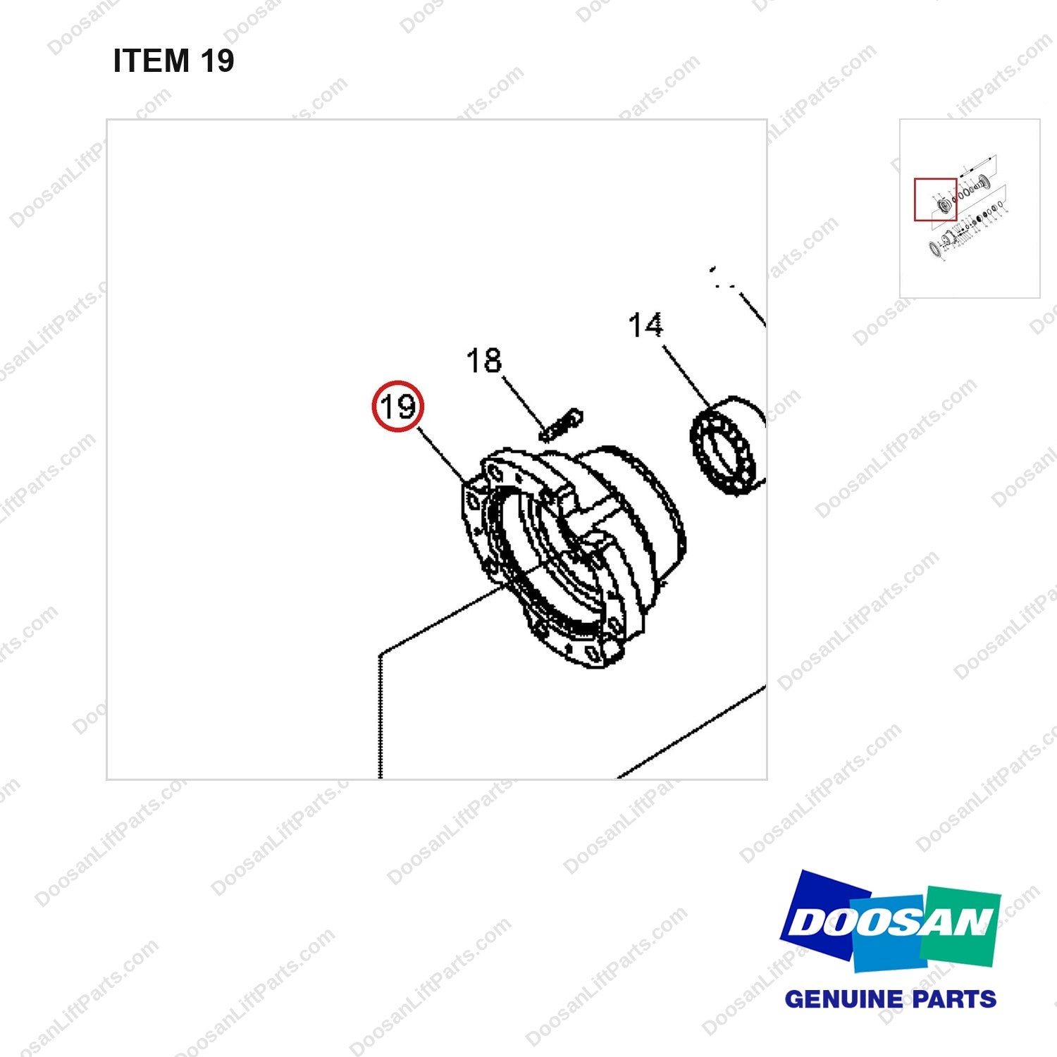 A138778 AXLE,DRIVE;A50C - parts diagram, item 19 shown - genuine Doosan / Bobcat forklift part