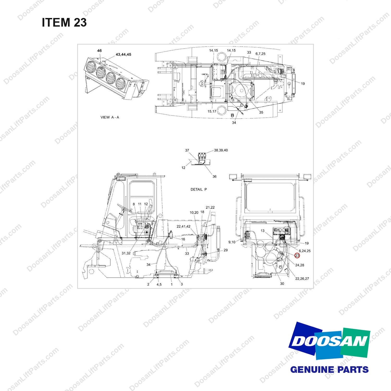 A141577 CHANGEOVER ARR.-AIRCON - full parts diagram, item 23 marked - genuine Doosan / Bobcat forklift part