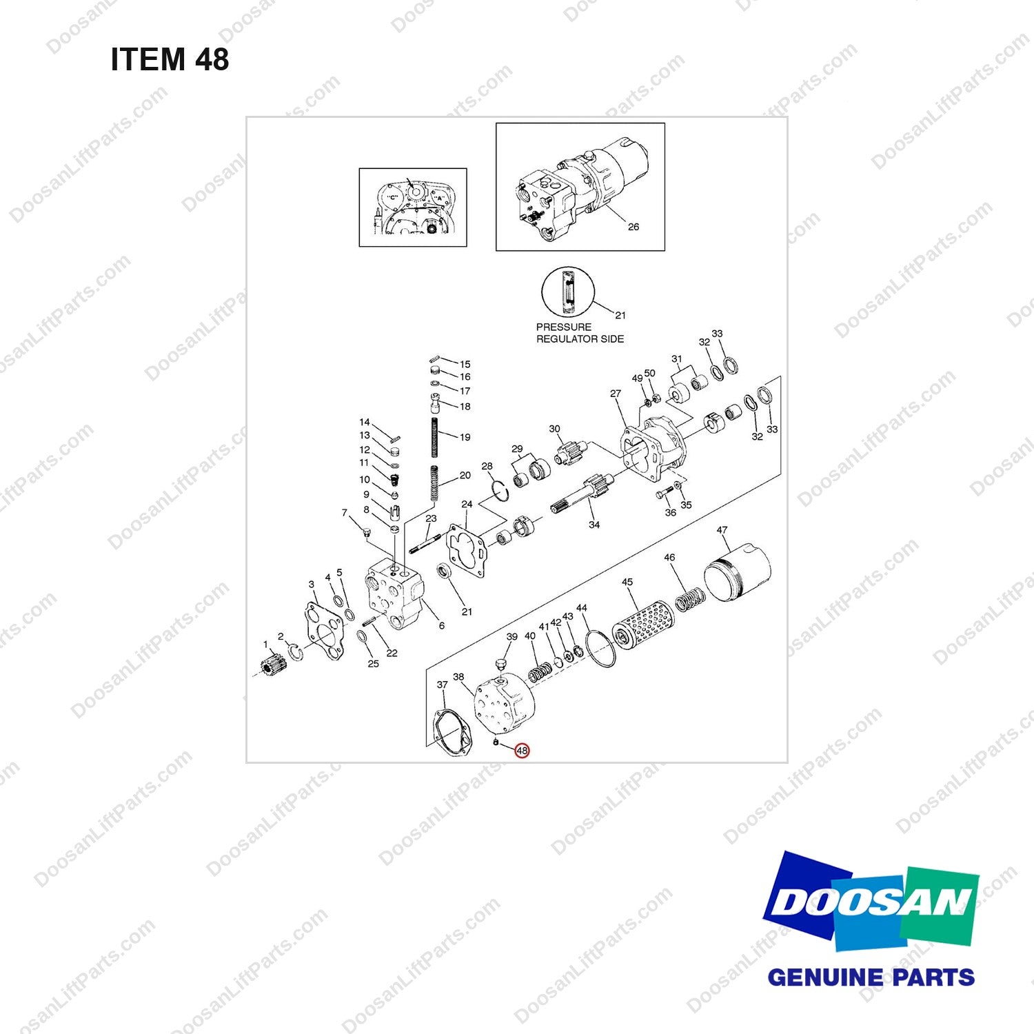 A143708 PRESSURE REG.-VALVE. PUMP & FILTER - full parts diagram, item 48 marked - genuine Doosan / Bobcat forklift part