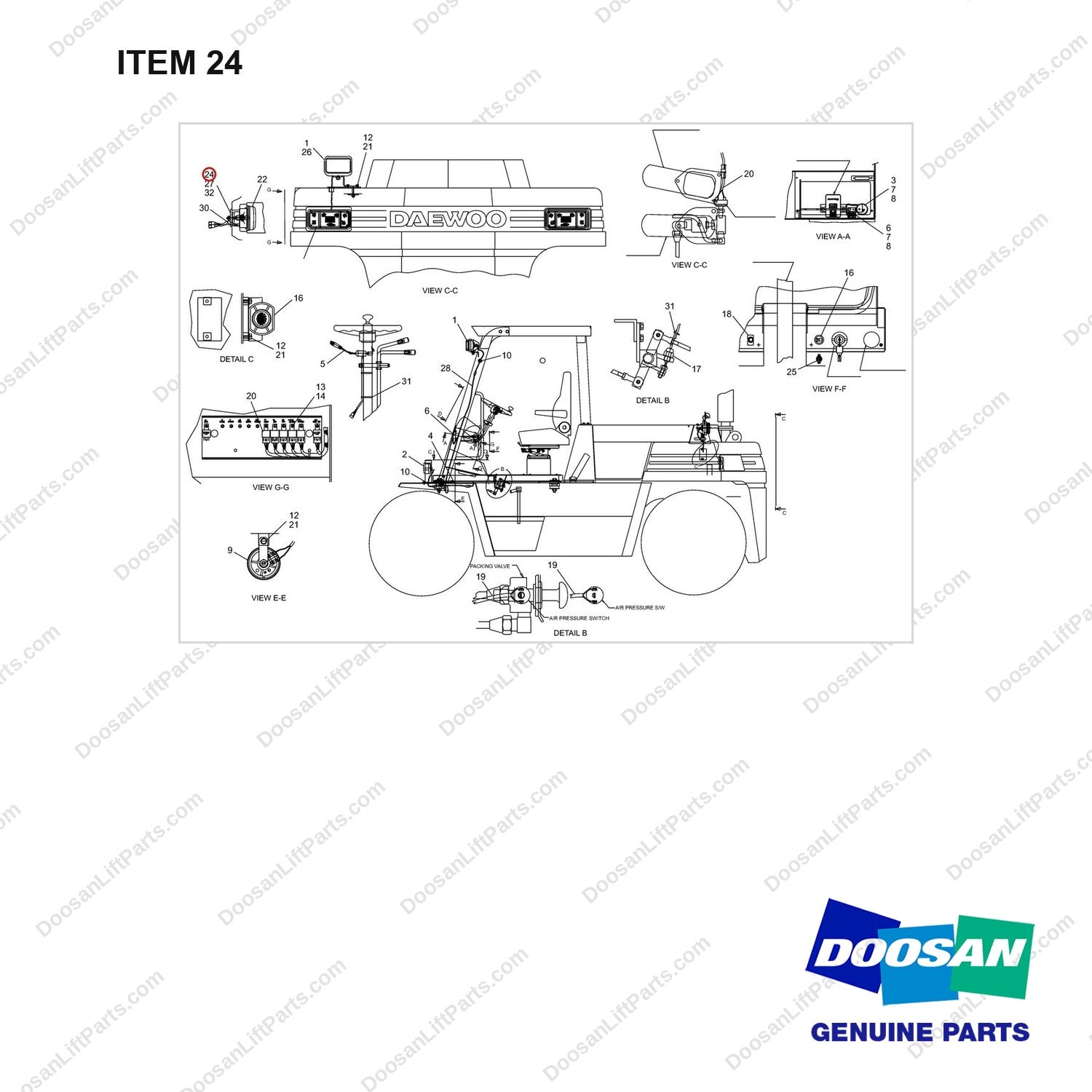 A144107 LIGHTING & WARNING GP - full parts diagram, item 24 marked - genuine Doosan / Bobcat forklift part