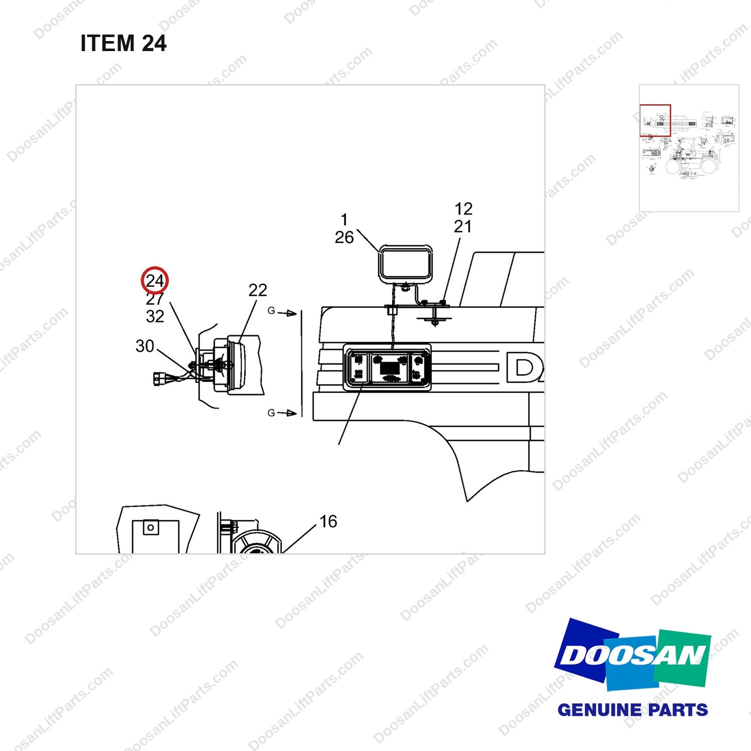 A144107 LIGHTING & WARNING GP - parts diagram, item 24 shown - genuine Doosan / Bobcat forklift part