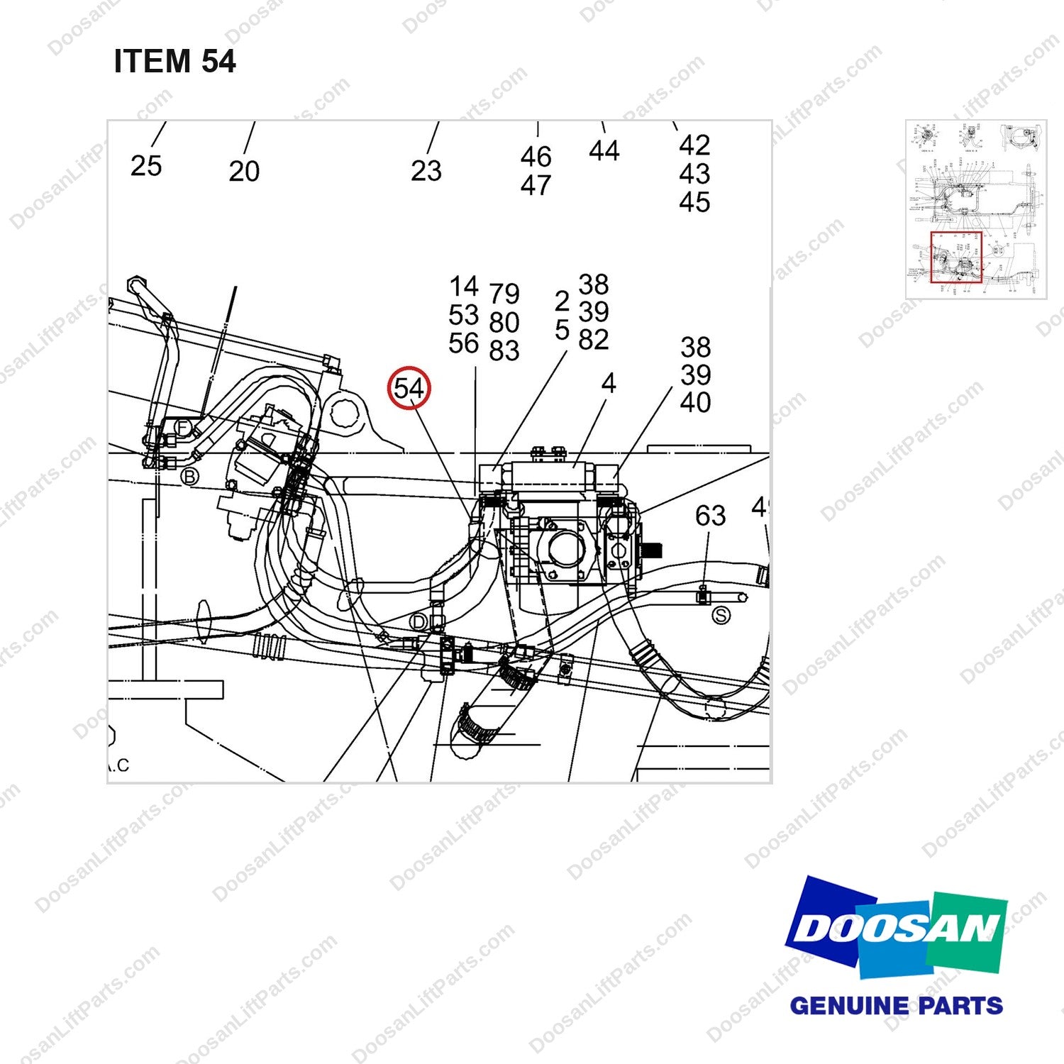 A145040 LINES GP-MAST OPERATING - parts diagram, item 54 shown - genuine Doosan / Bobcat forklift part
