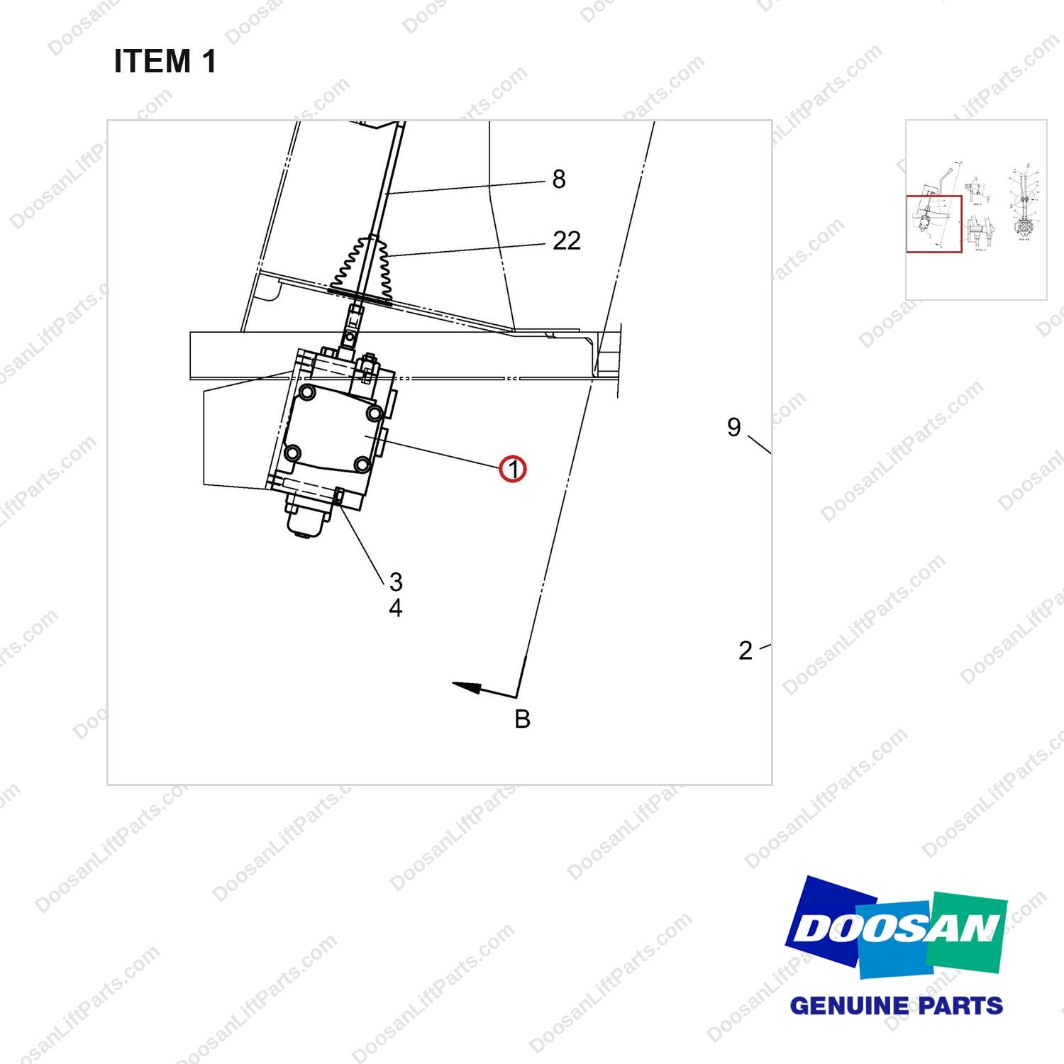 A145183 CONTROL VALVE-2 WAY - parts diagram, item 1 shown - genuine Doosan / Bobcat forklift part