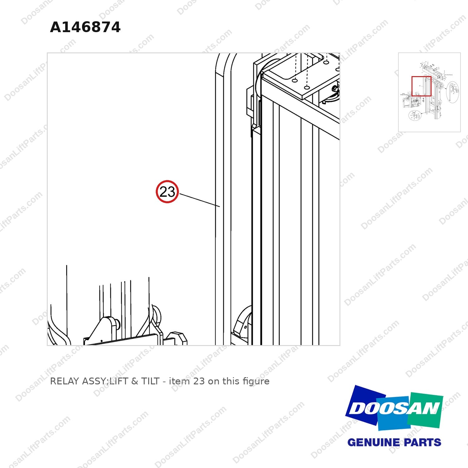 A146874 RELAY ASSY;LIFT & TILT - parts diagram, item 23 shown - genuine Doosan / Bobcat forklift part