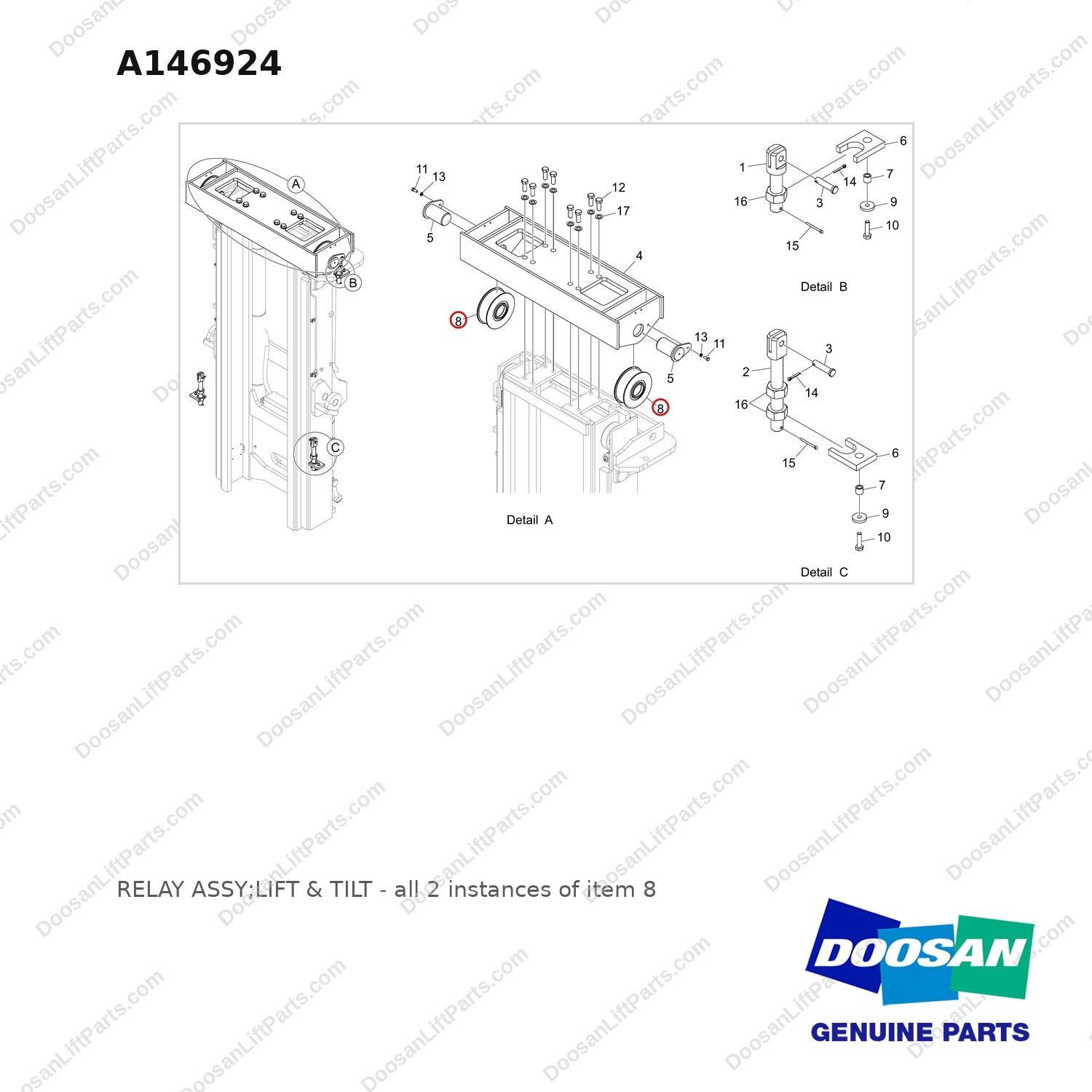 A146924 RELAY ASSY;LIFT & TILT - full parts diagram, item 8 marked - genuine Doosan / Bobcat forklift part
