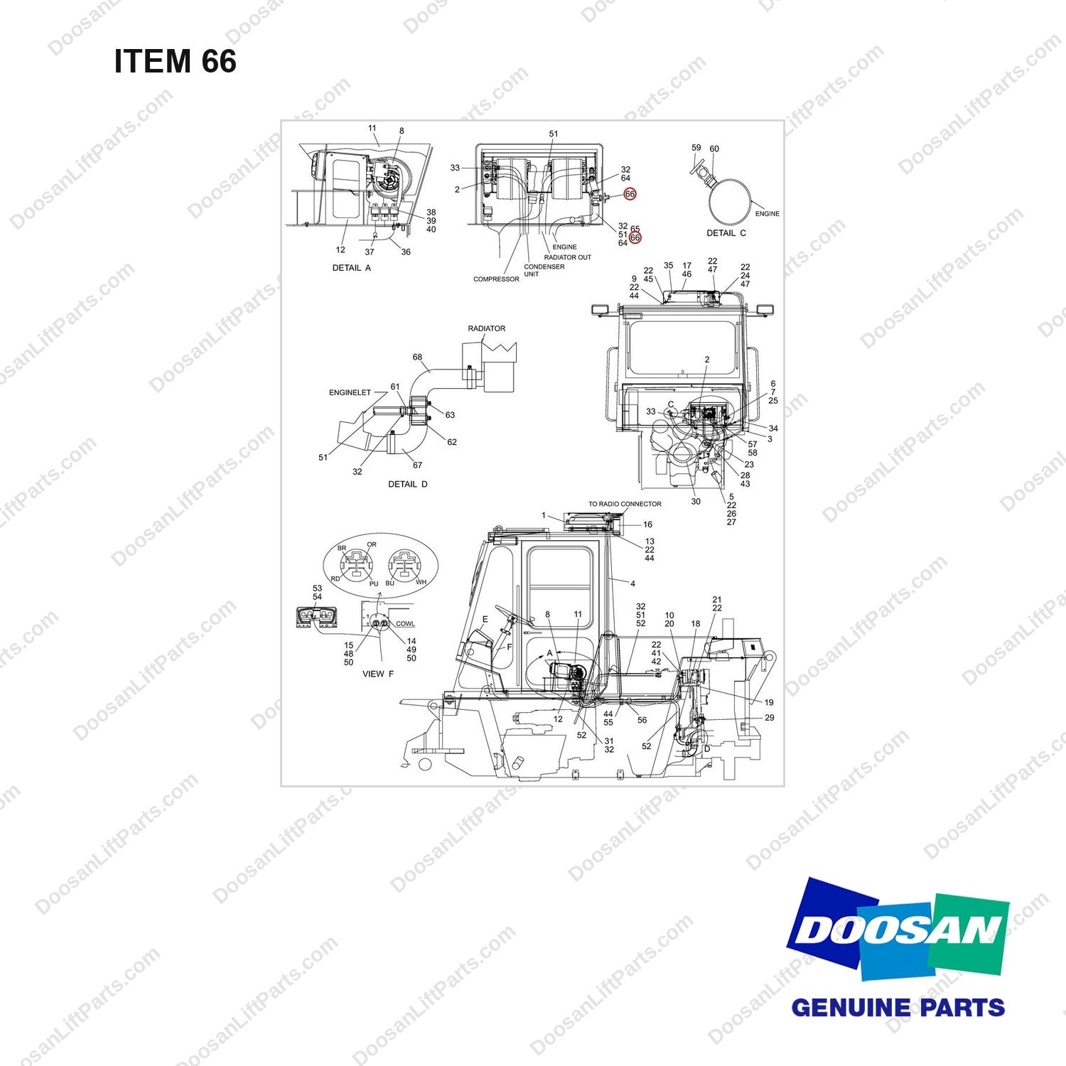 A147444 CHANGEOVER ARR.AIRCON & HEATER - full parts diagram, item 66 marked - genuine Doosan / Bobcat forklift part