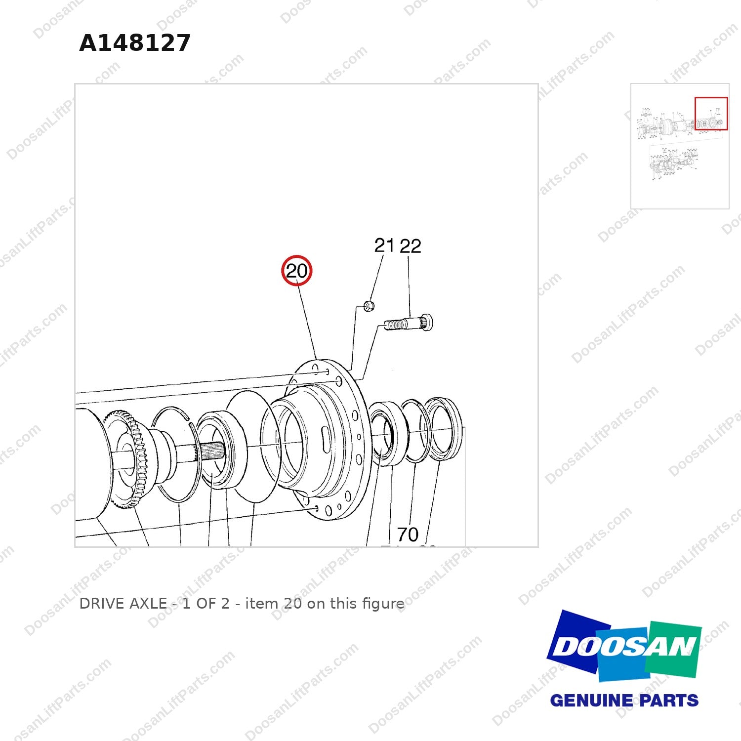 A148127 DRIVE AXLE - 1 OF 2 - parts diagram, item 20 shown - genuine Doosan / Bobcat forklift part
