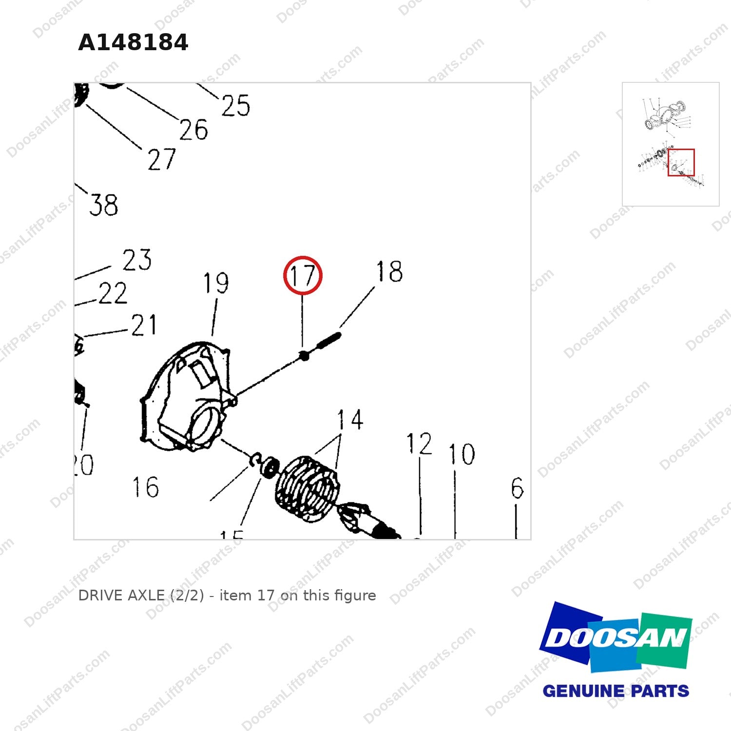 A148184 DRIVE AXLE (2/2) - parts diagram, item 17 shown - genuine Doosan / Bobcat forklift part