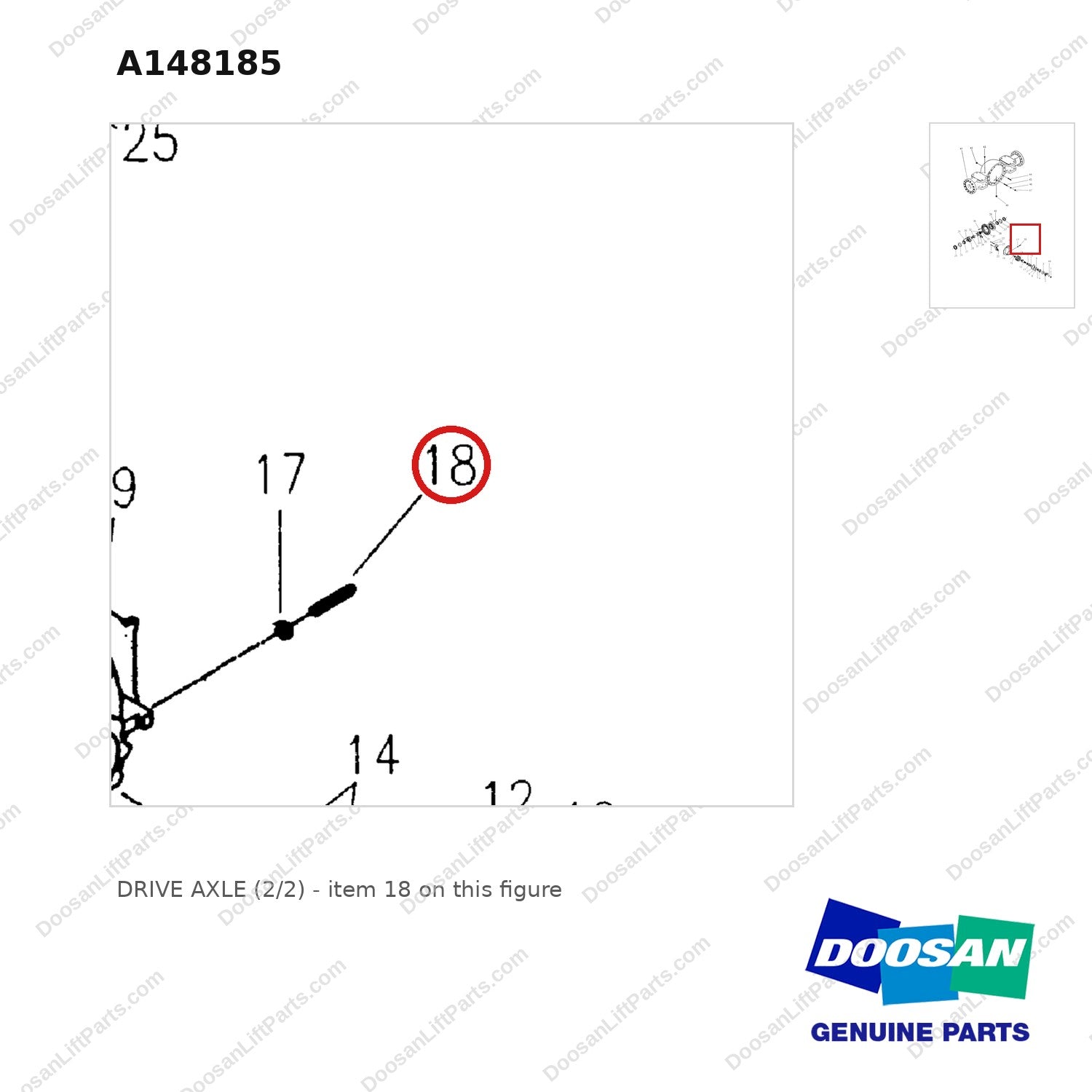 A148185 DRIVE AXLE (2/2) - parts diagram, item 18 shown - genuine Doosan / Bobcat forklift part