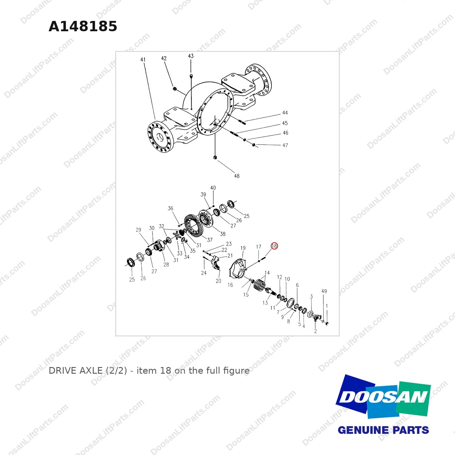 A148185 DRIVE AXLE (2/2) - full parts diagram, item 18 marked - genuine Doosan / Bobcat forklift part