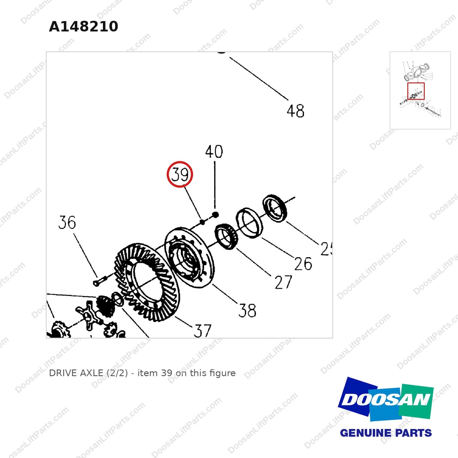 A148210 DRIVE AXLE (2/2) - parts diagram, item 39 shown - genuine Doosan / Bobcat forklift part