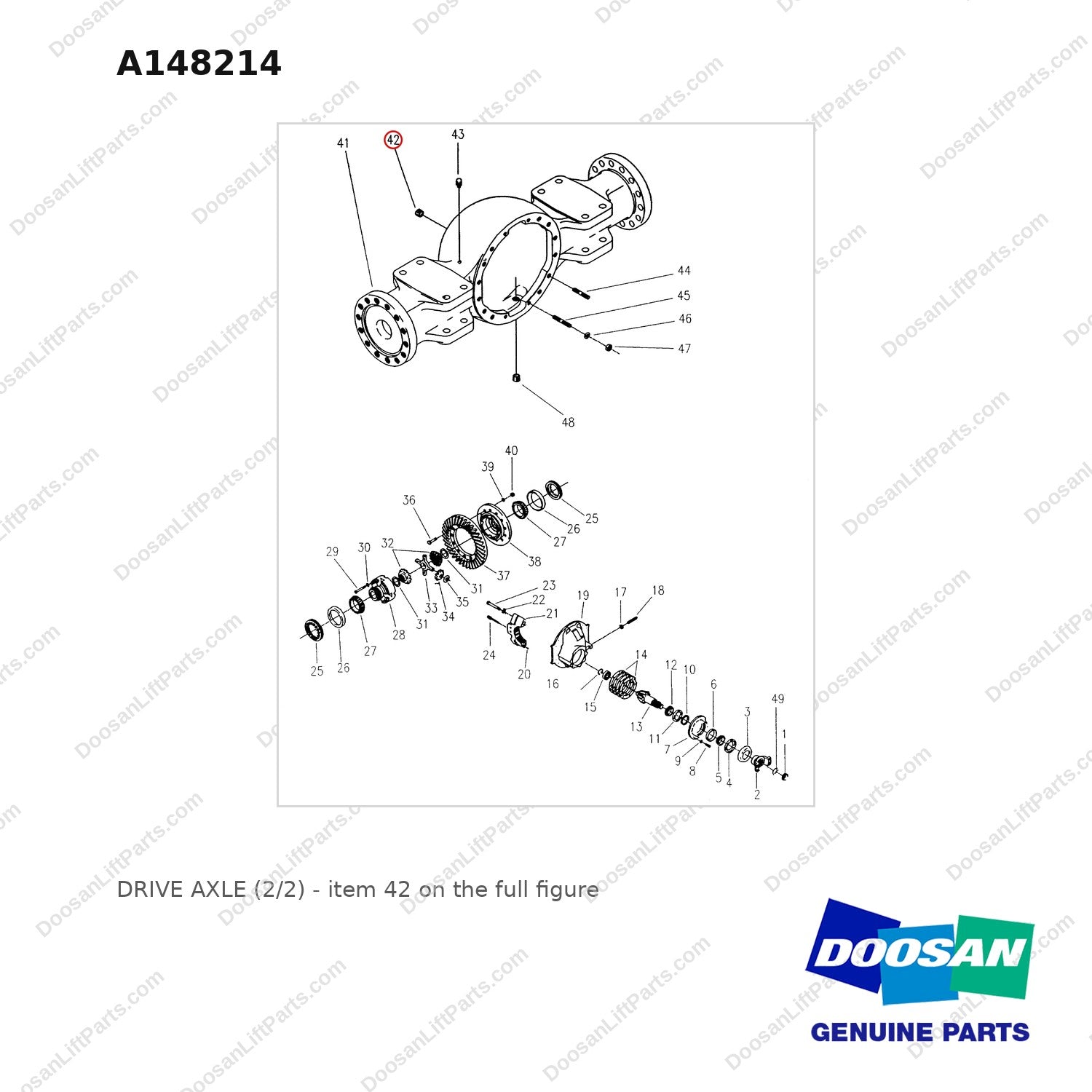 A148214 DRIVE AXLE (2/2) - full parts diagram, item 42 marked - genuine Doosan / Bobcat forklift part