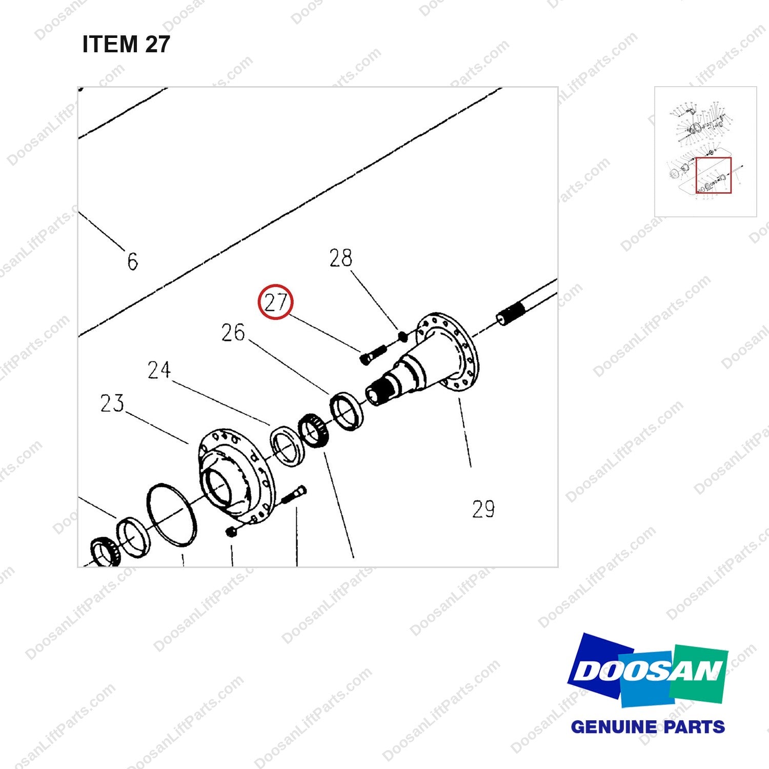 A148248 DRIVE AXLE (1/2) - parts diagram, item 27 shown - genuine Doosan / Bobcat forklift part